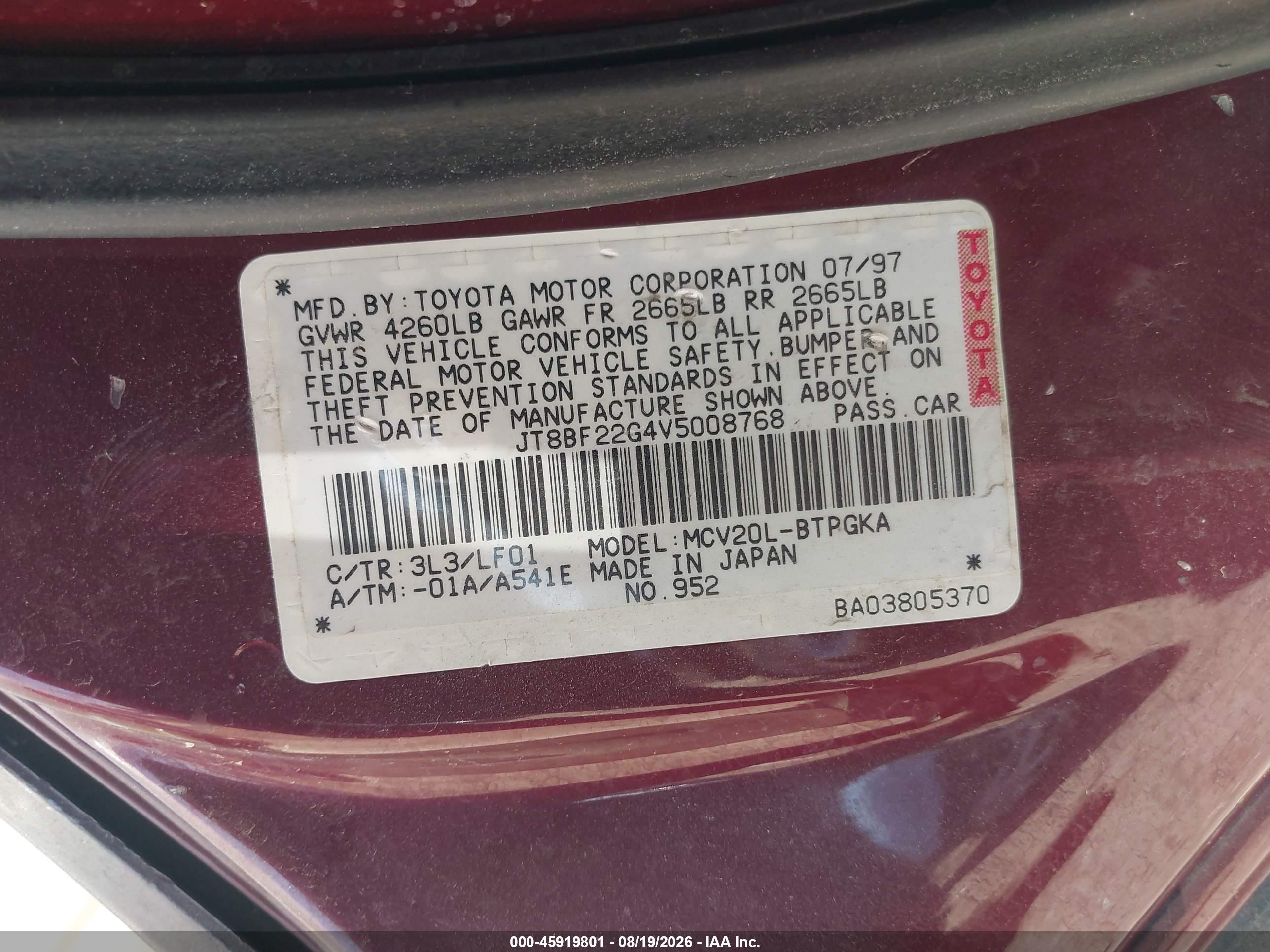 1997 Lexus Es 300   Red vin: JT8BF22G4V5008768