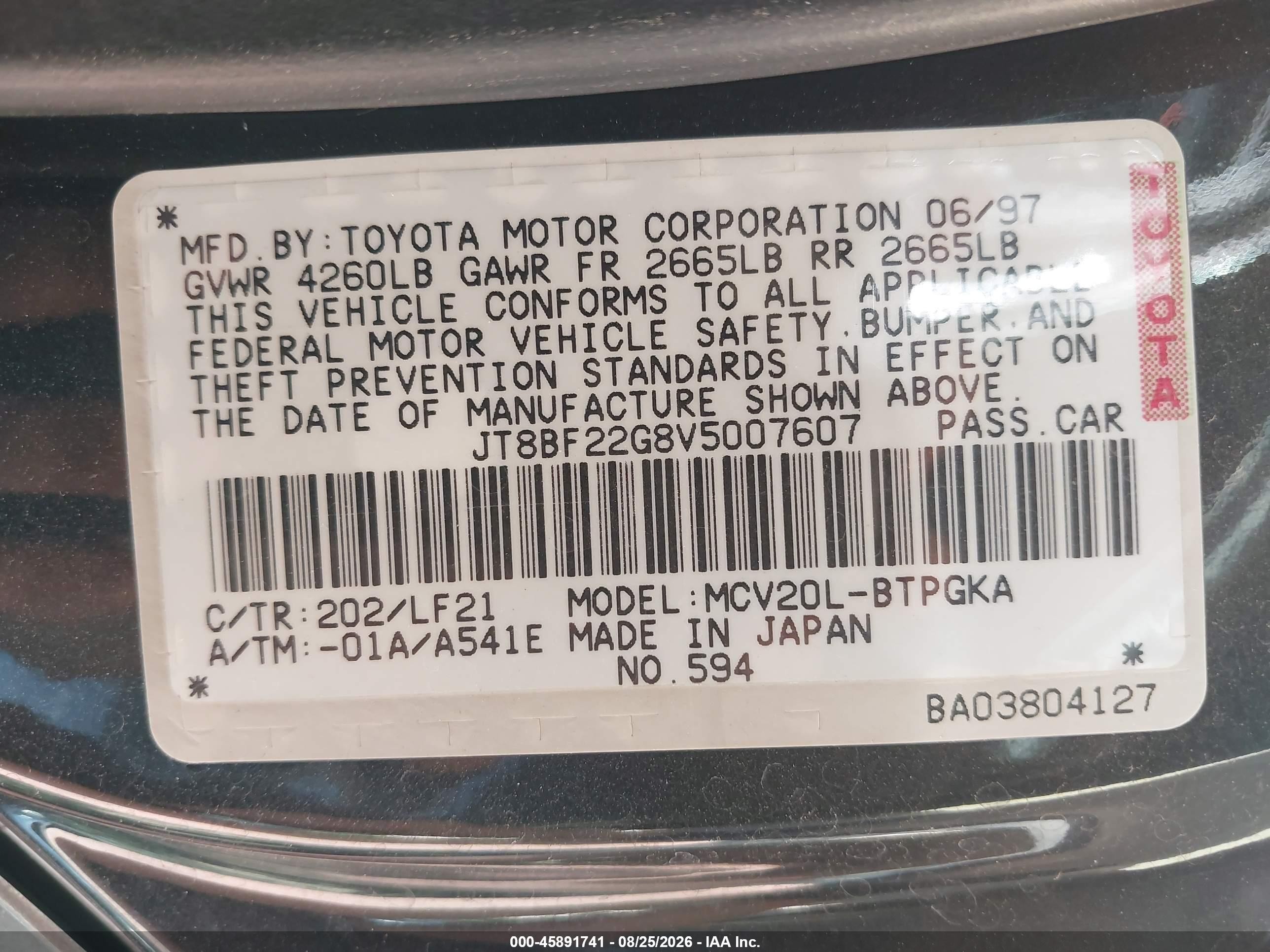 1997 Lexus Es 300   Black vin: JT8BF22G8V5007607