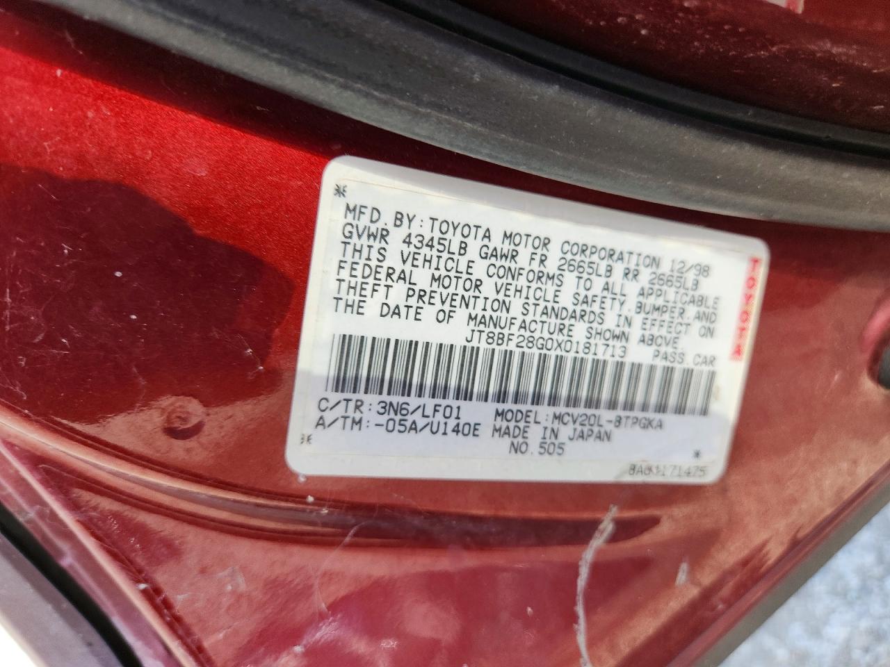 1999 Lexus Es 300 Burgundy vin: JT8BF28G0X0181713