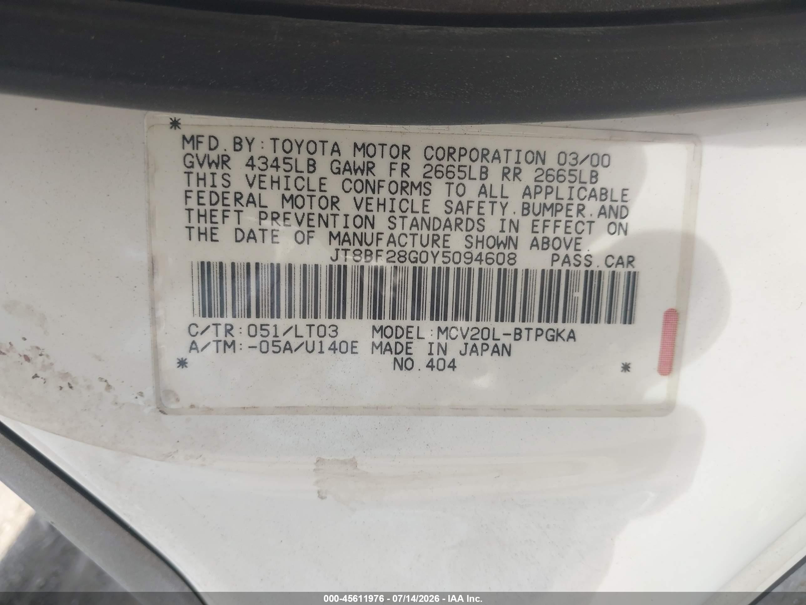 2000 Lexus Es 300   Белый vin: JT8BF28G0Y5094608