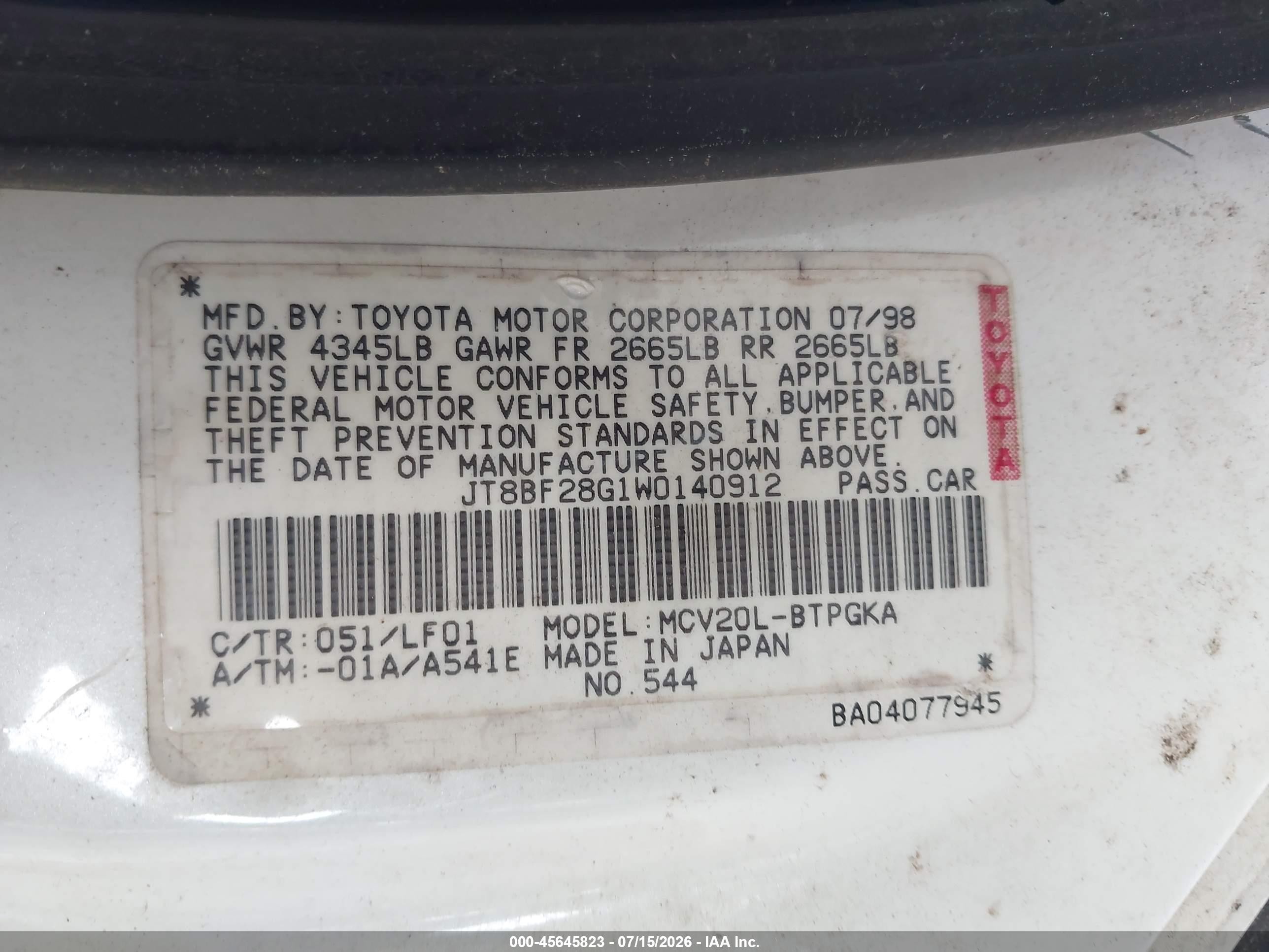1998 Lexus Es 300   Белый vin: JT8BF28G1W0140912