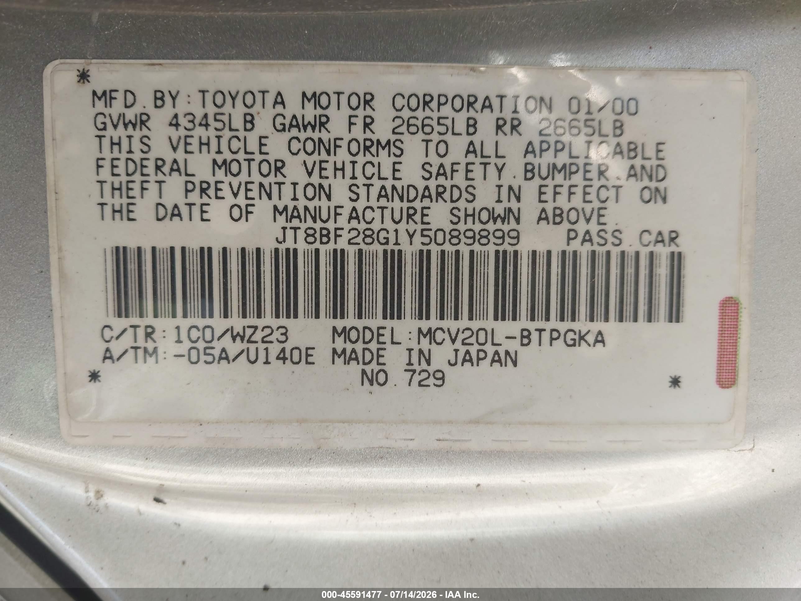 2000 Lexus Es 300   Silver vin: JT8BF28G1Y5089899