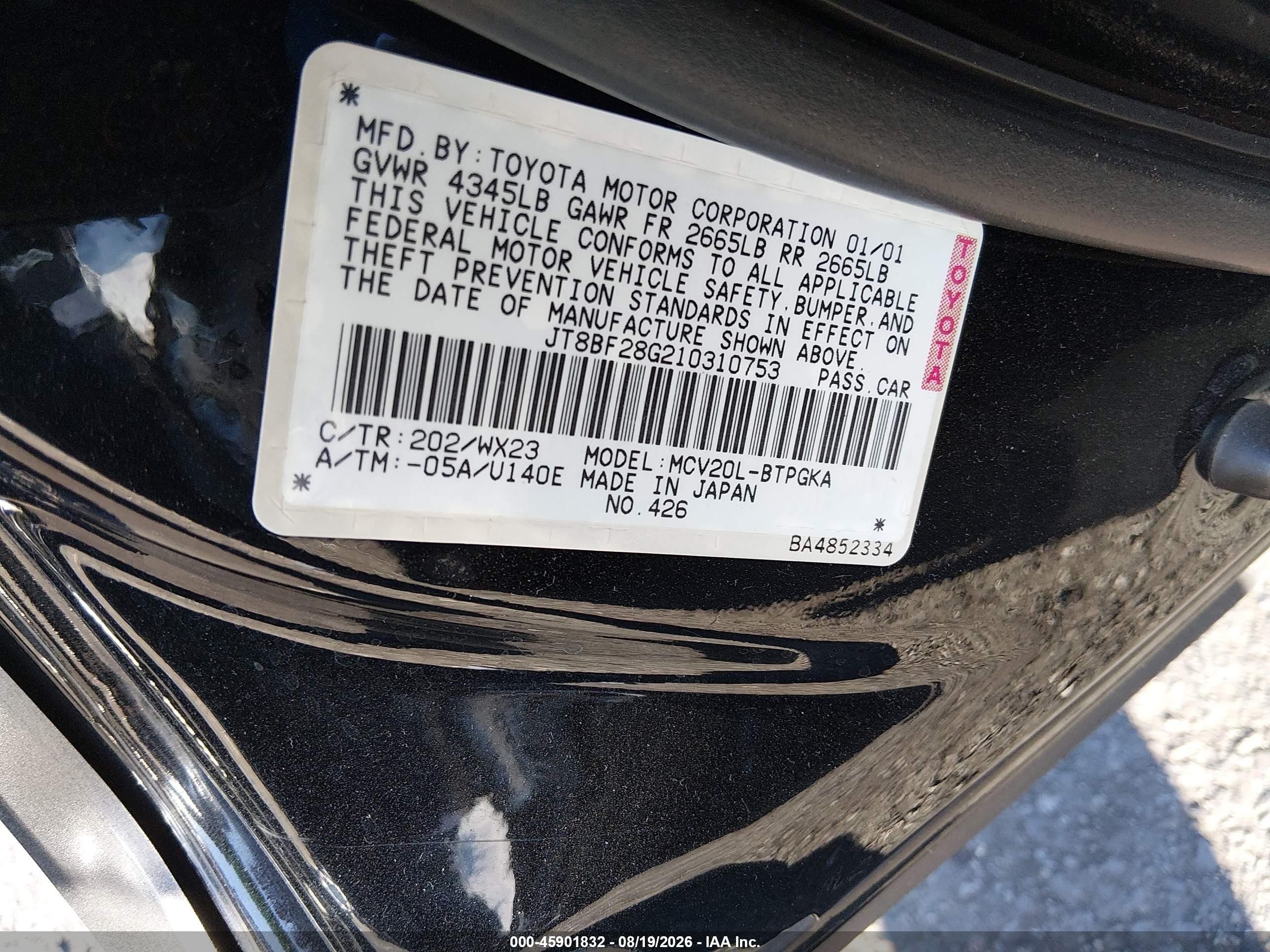 2001 Lexus Es 300   Black vin: JT8BF28G210310753