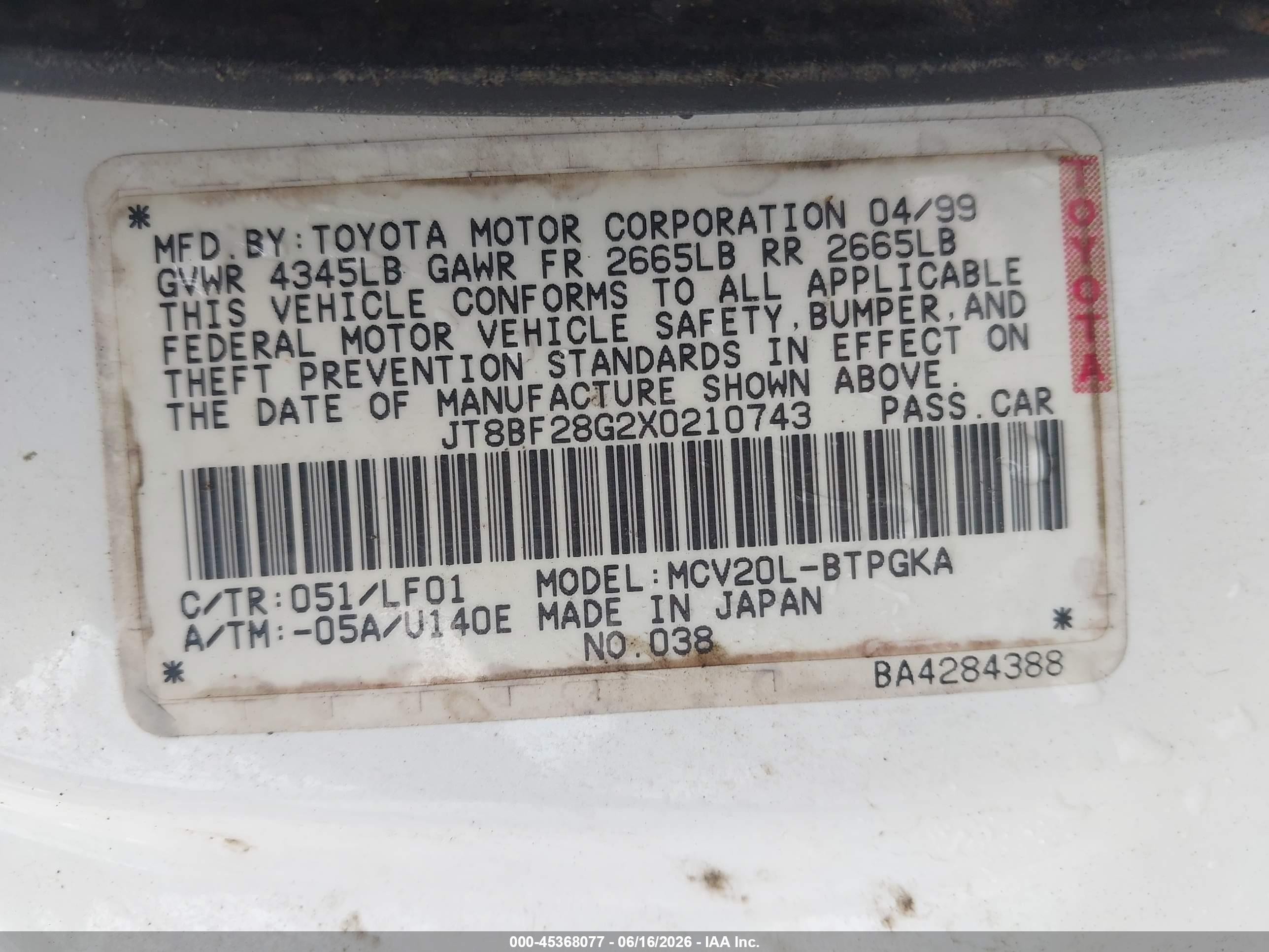 1999 Lexus Es 300   White vin: JT8BF28G2X0210743
