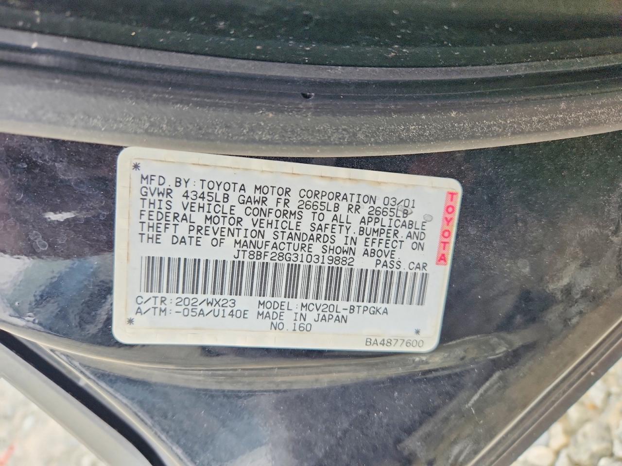 2001 Lexus Es 300 Black vin: JT8BF28G310319882
