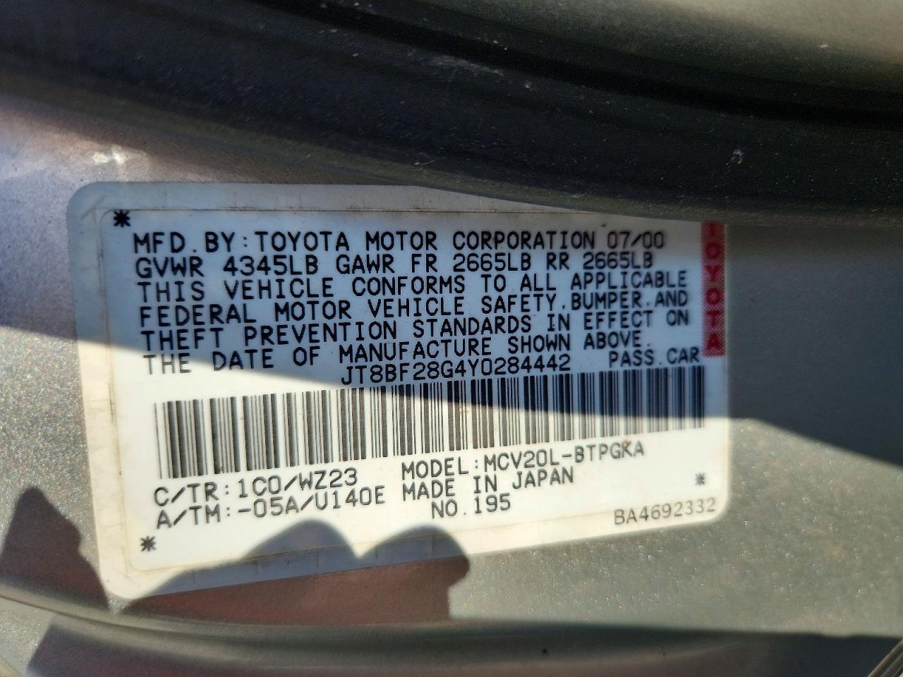 2000 Lexus Es 300 Silver vin: JT8BF28G4Y0284442