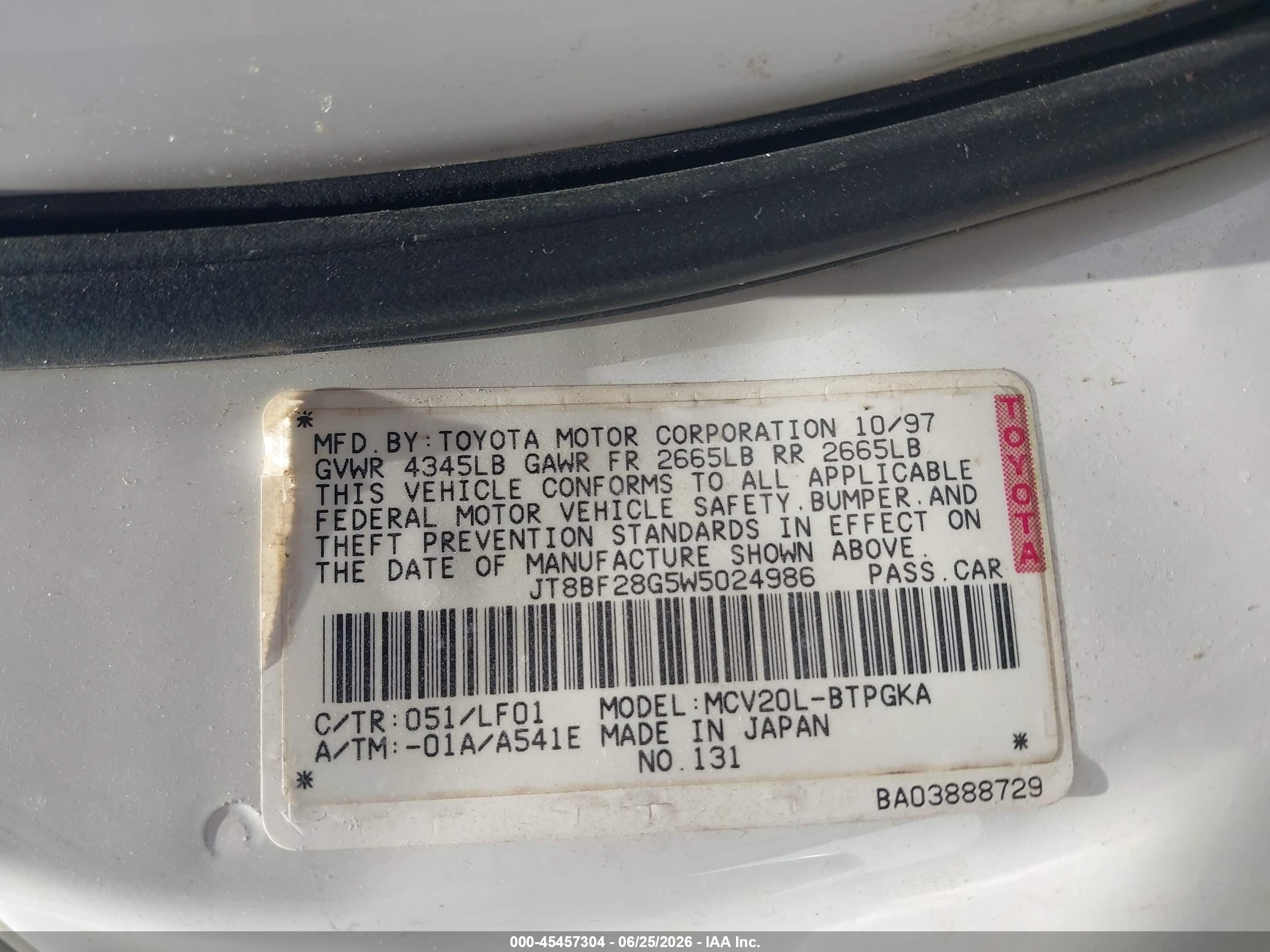 1998 Lexus Es 300   White vin: JT8BF28G5W5024986