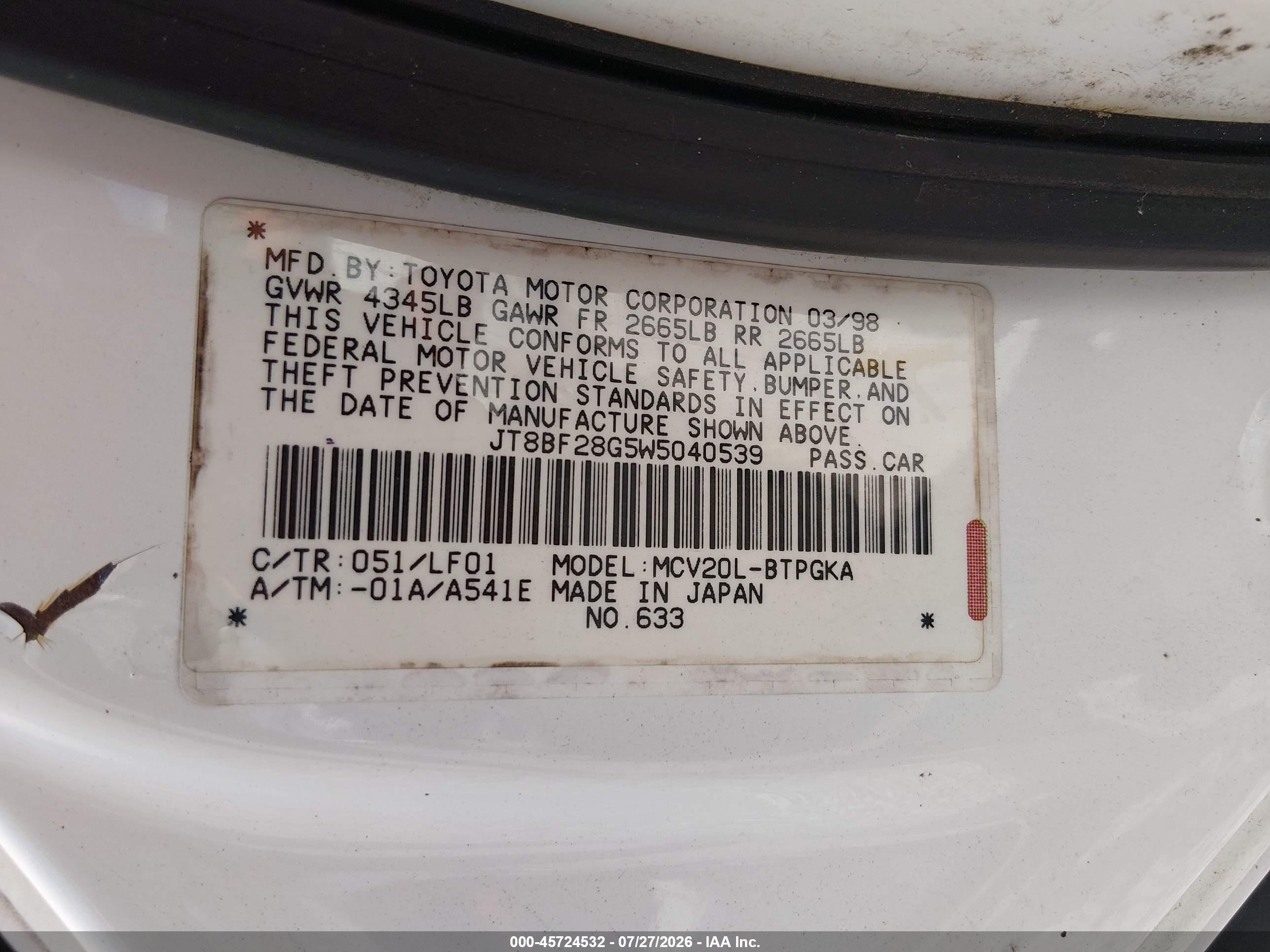 1998 Lexus Es 300   Белый vin: JT8BF28G5W5040539