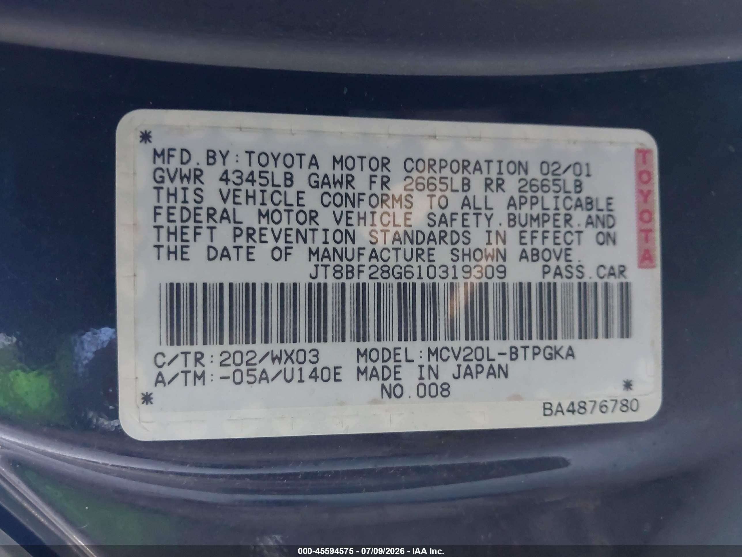 2001 Lexus Es 300   Черный vin: JT8BF28G610319309