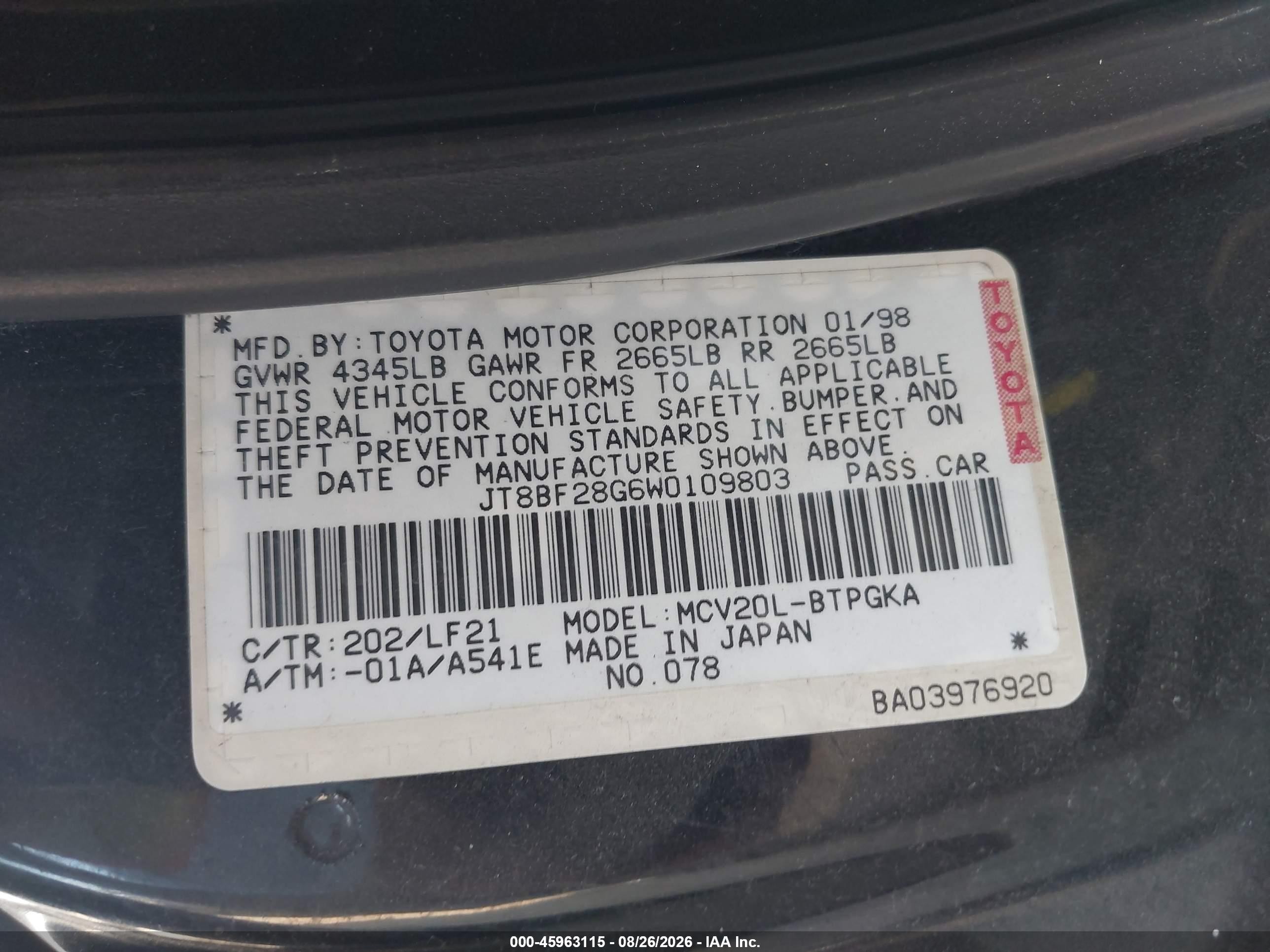 1998 Lexus Es 300   Черный vin: JT8BF28G6W0109803