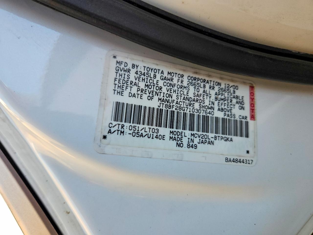 2001 Lexus Es 300 Белый vin: JT8BF28G710307640
