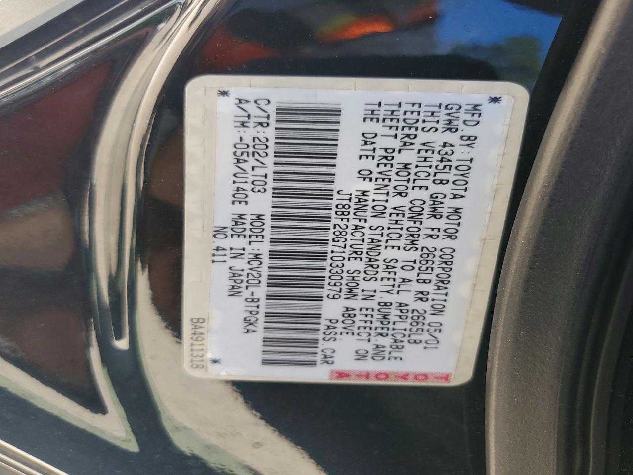 2001 Lexus Es 300 Black vin: JT8BF28G710330979