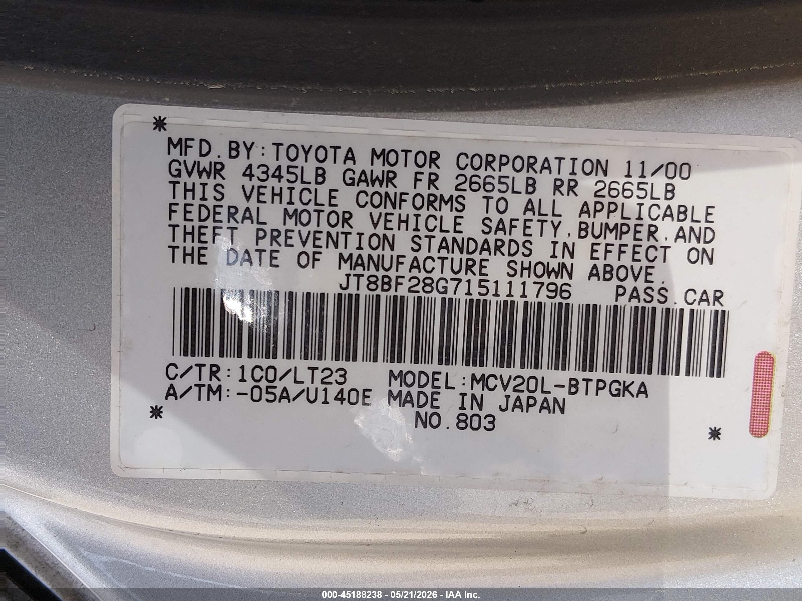 2001 Lexus Es 300   Silver vin: JT8BF28G715111796