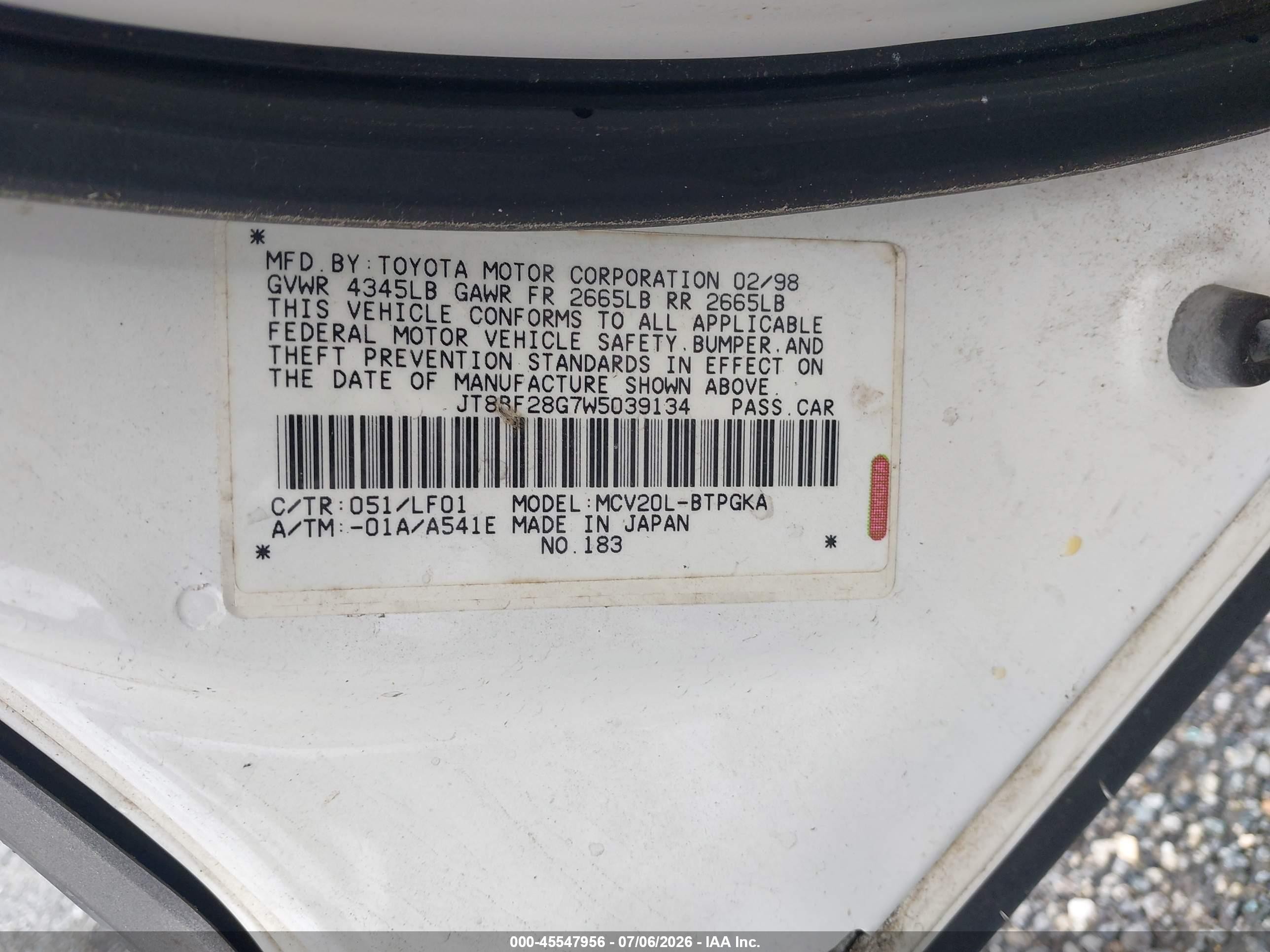 1998 Lexus Es 300   White vin: JT8BF28G7W5039134