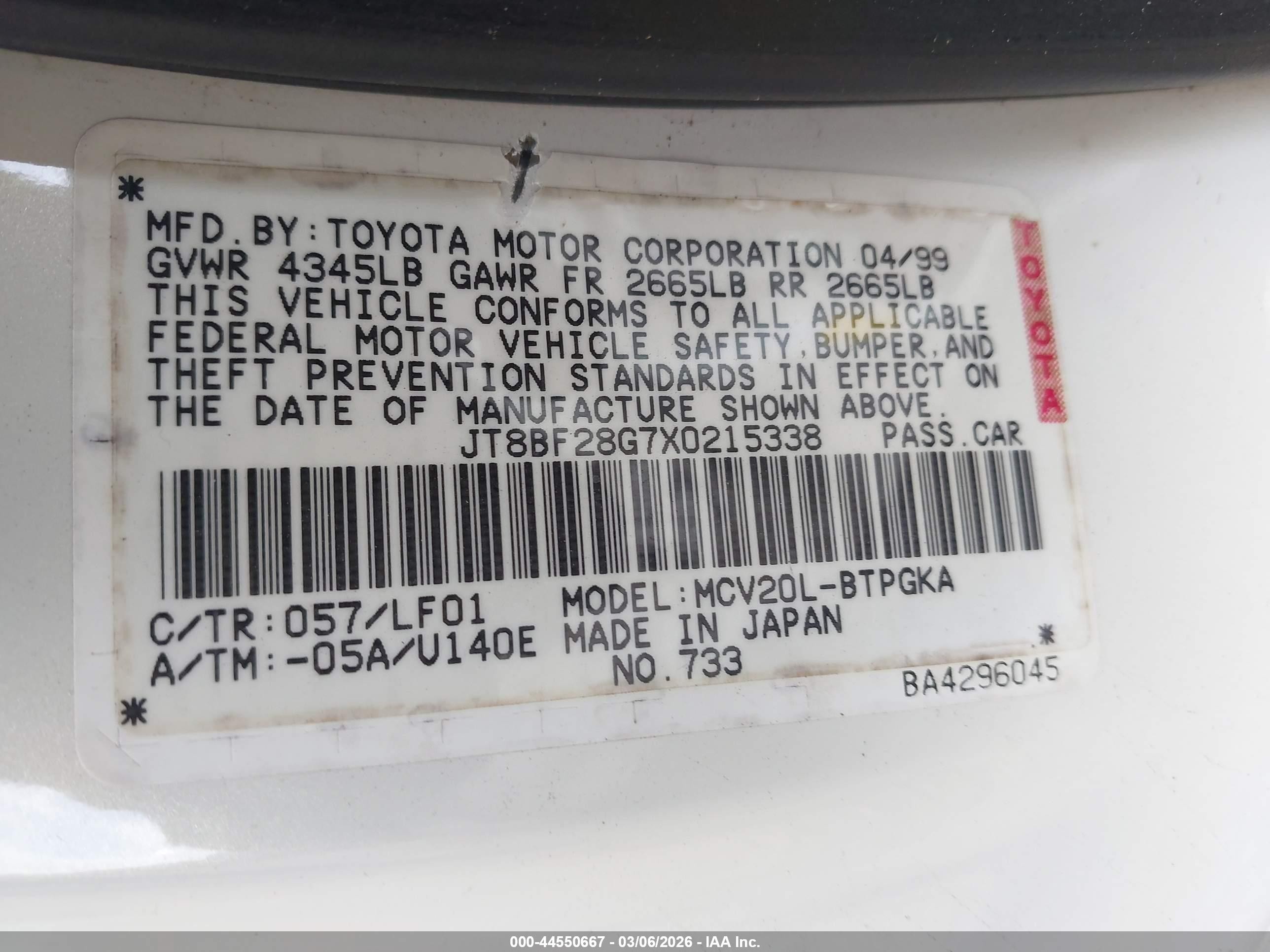 1999 Lexus Es 300   White vin: JT8BF28G7X0215338