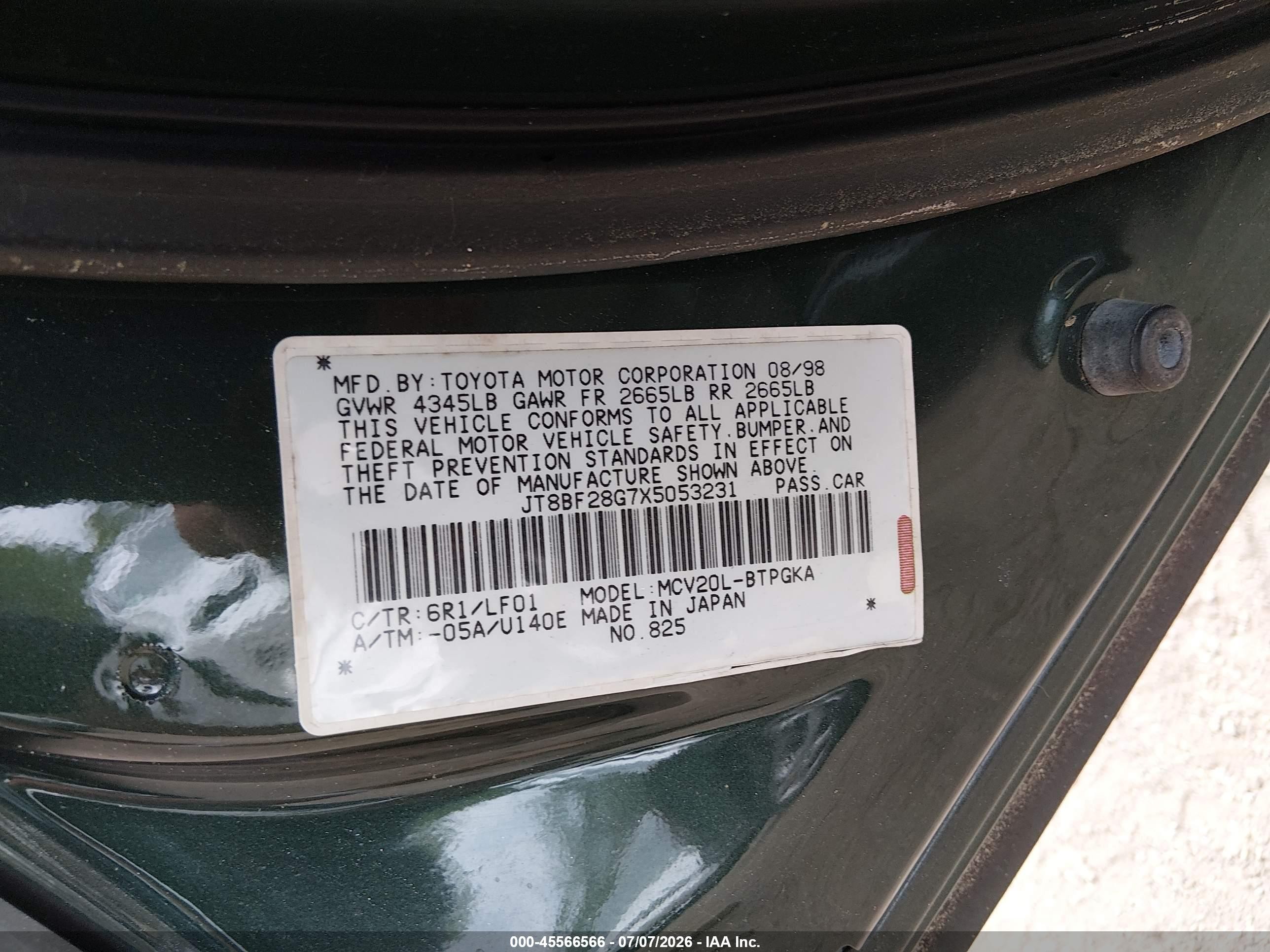 1999 Lexus Es 300   Зеленый vin: JT8BF28G7X5053231