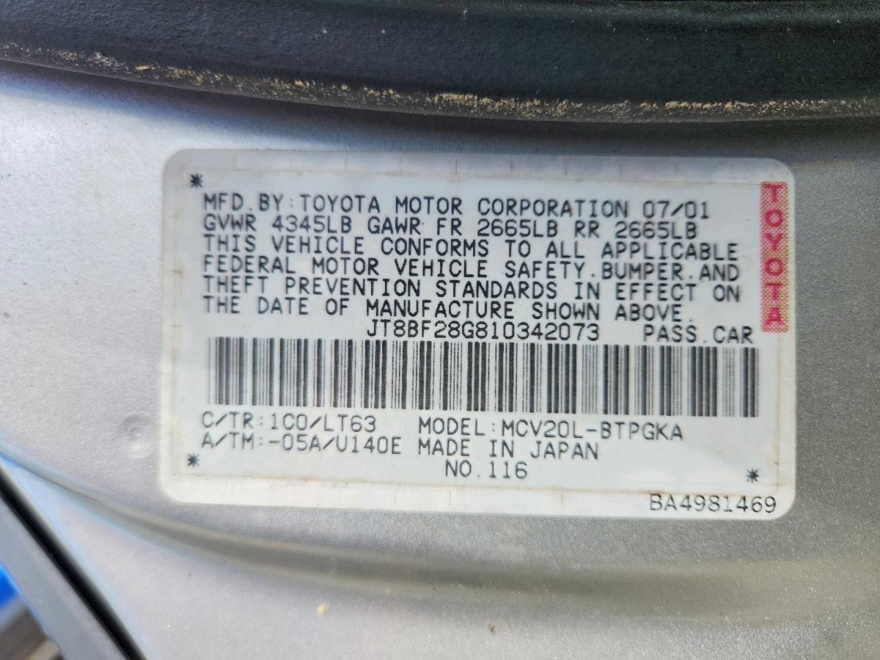 2001 Lexus Es 300 Silver vin: JT8BF28G810342073