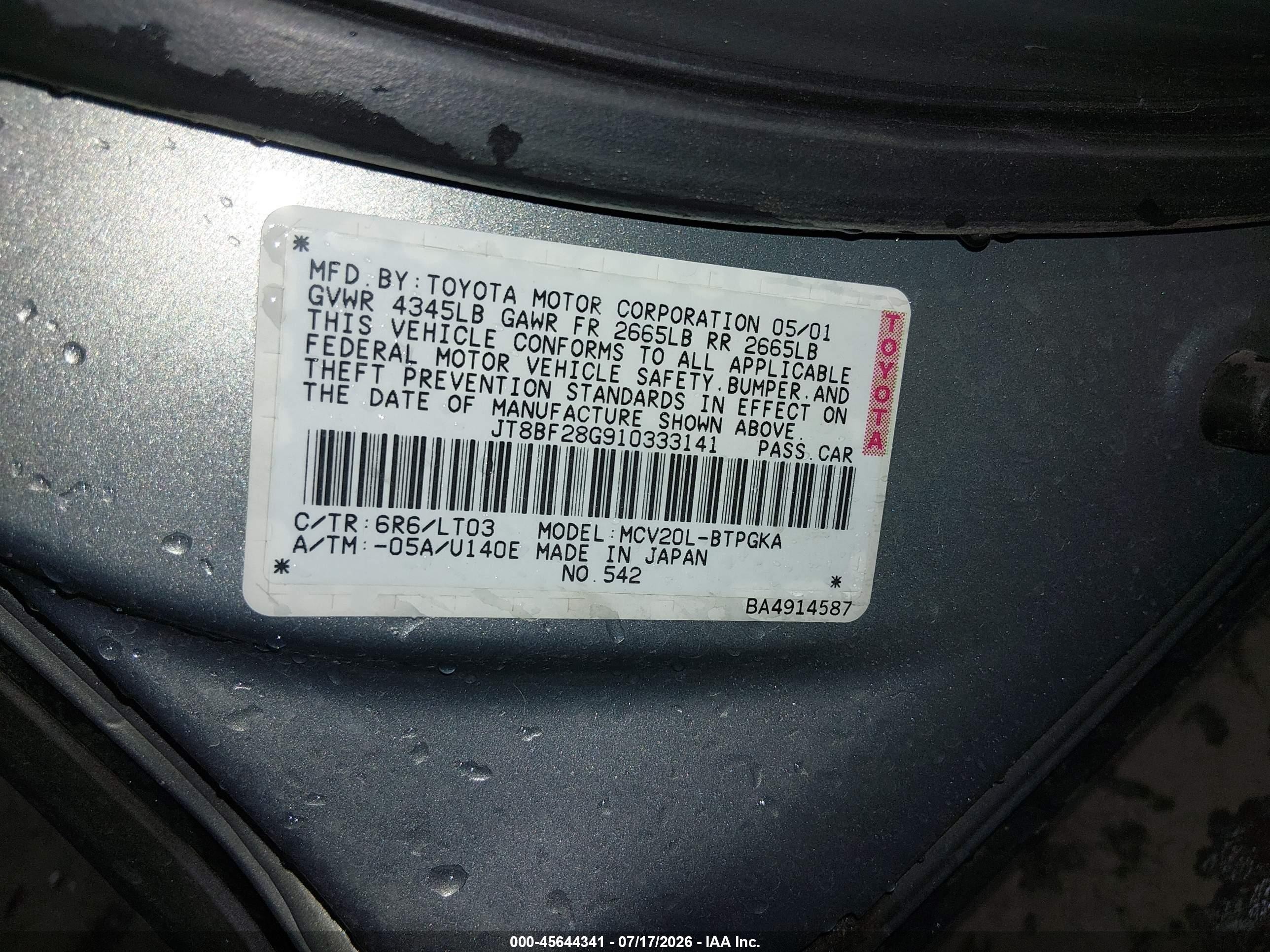 2001 Lexus Es 300   Серый vin: JT8BF28G910333141
