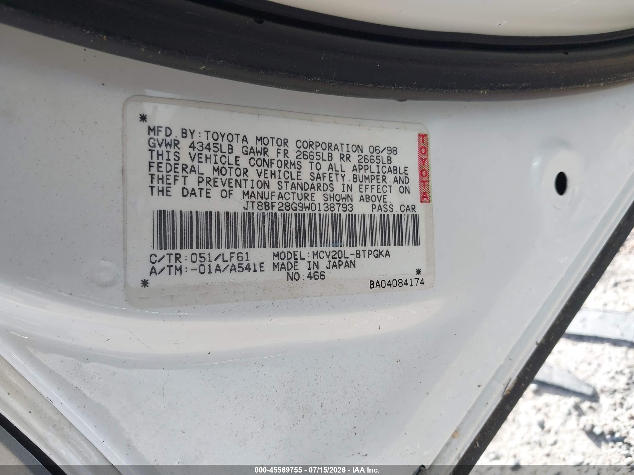 1998 Lexus Es 300   White vin: JT8BF28G9W0138793