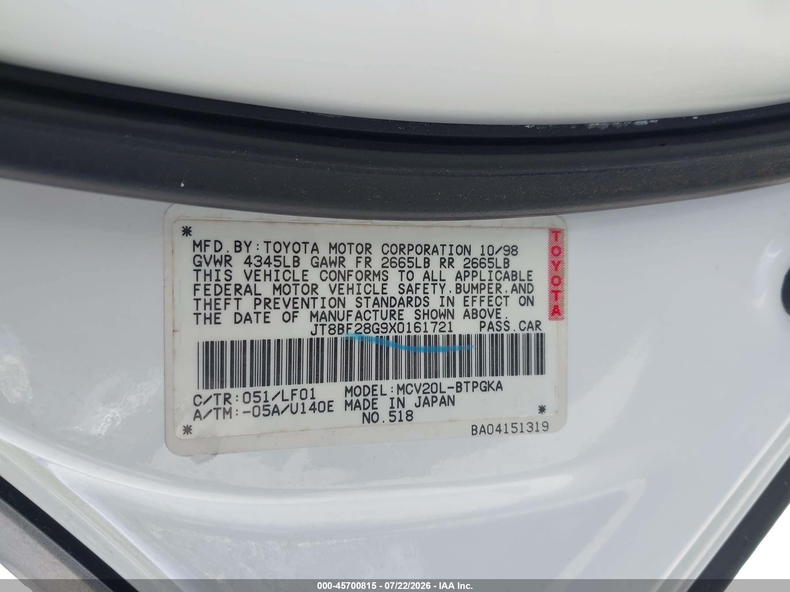 1999 Lexus Es 300   White vin: JT8BF28G9X0161721