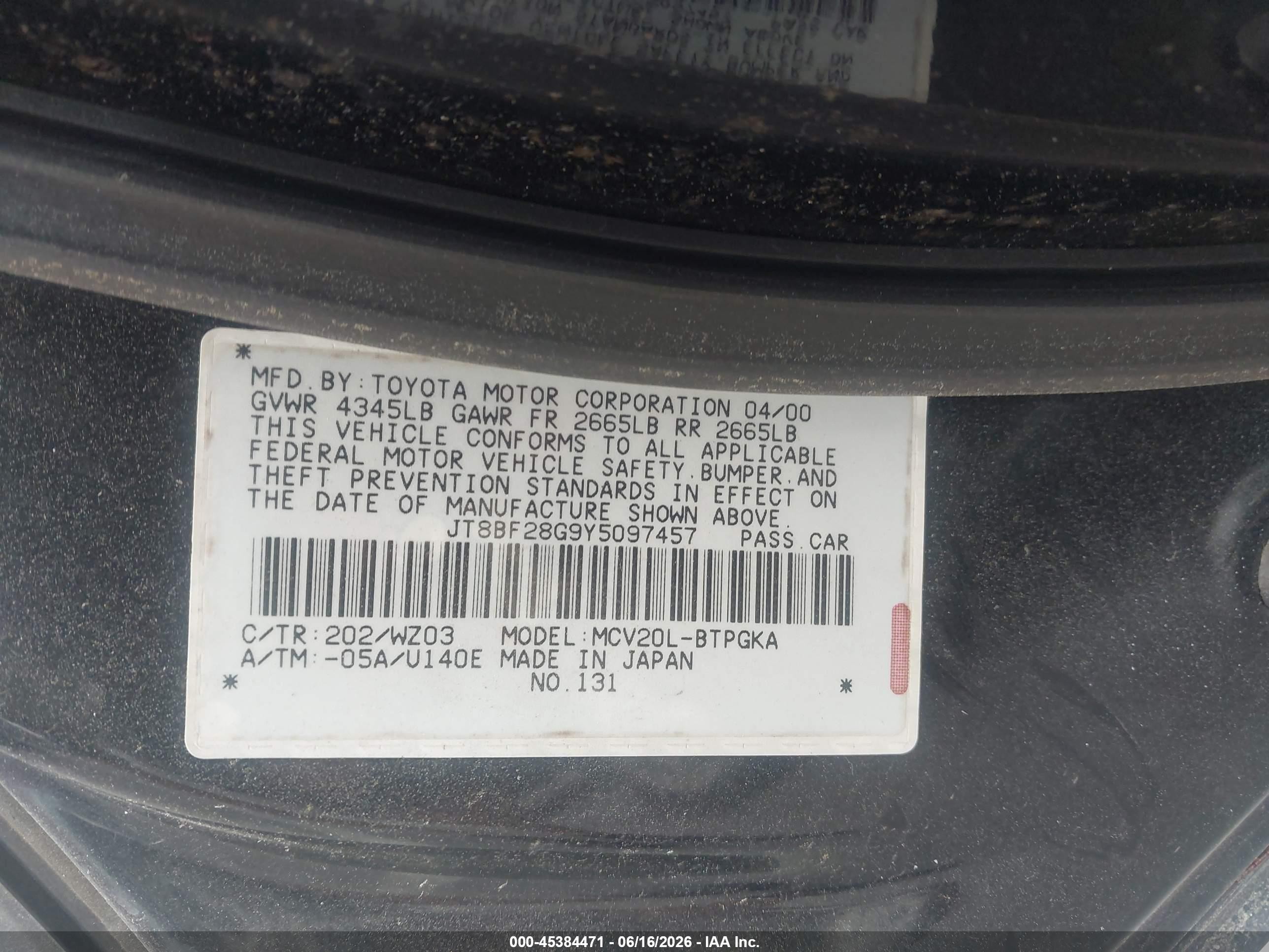 2000 Lexus Es 300   Black vin: JT8BF28G9Y5097457