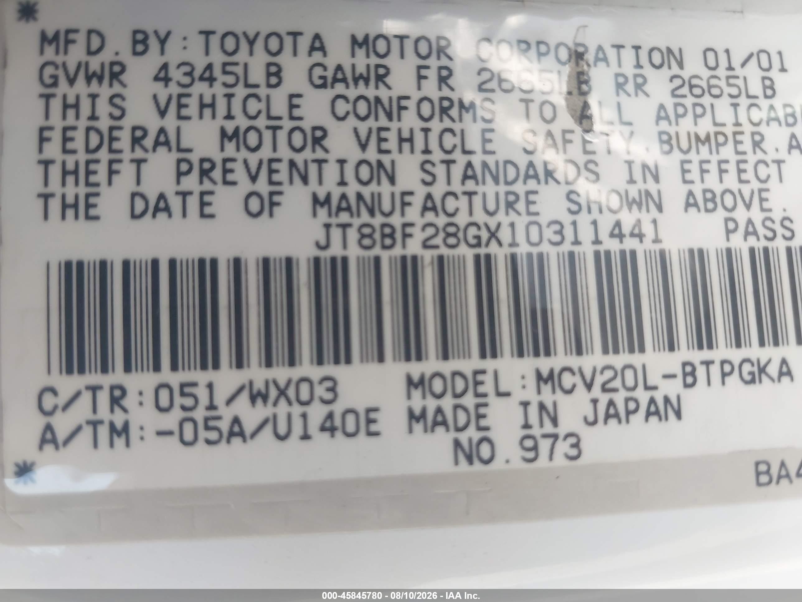 2001 Lexus Es 300   White vin: JT8BF28GX10311441