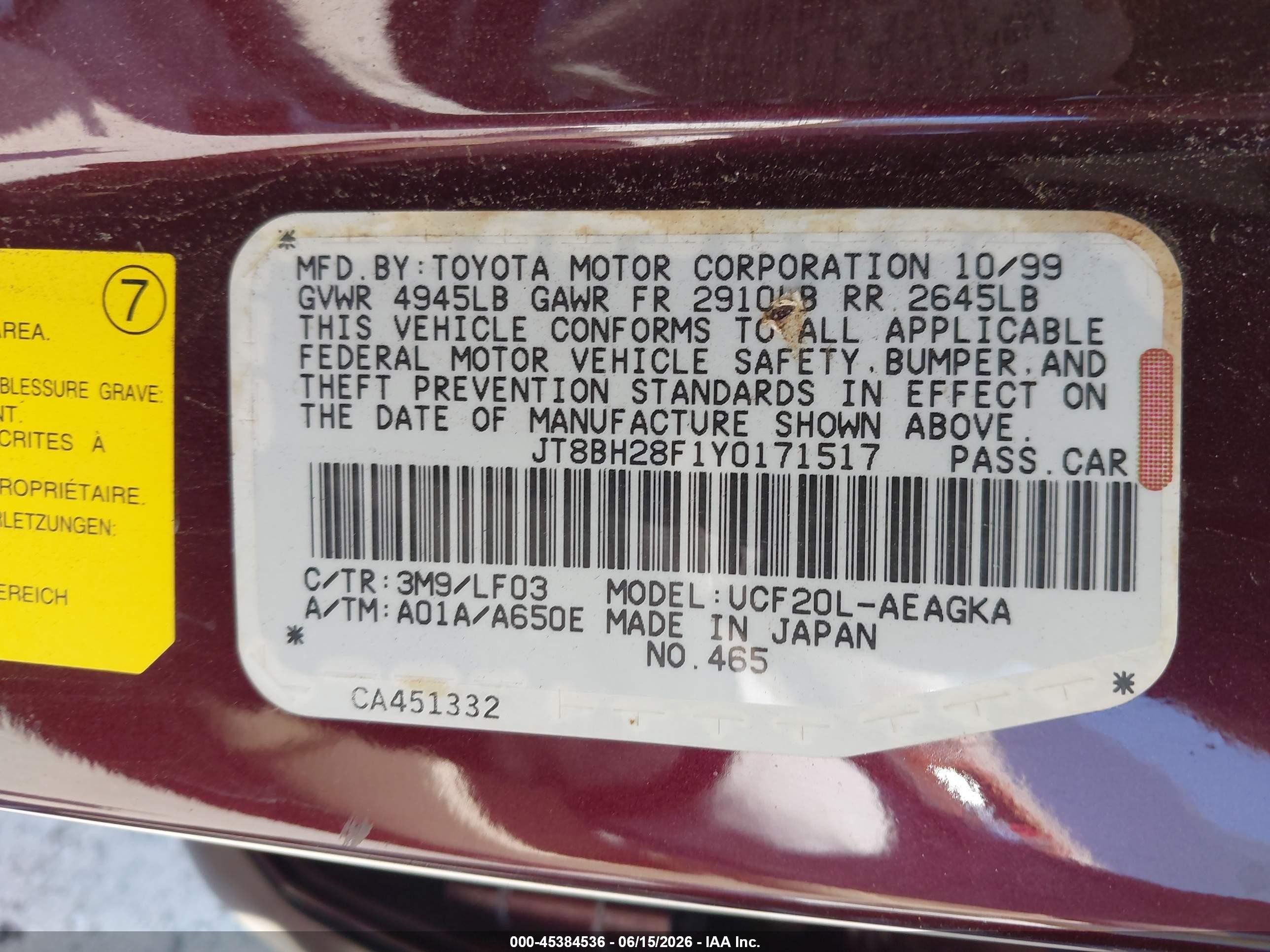 2000 Lexus Ls 400   Purple vin: JT8BH28F1Y0171517