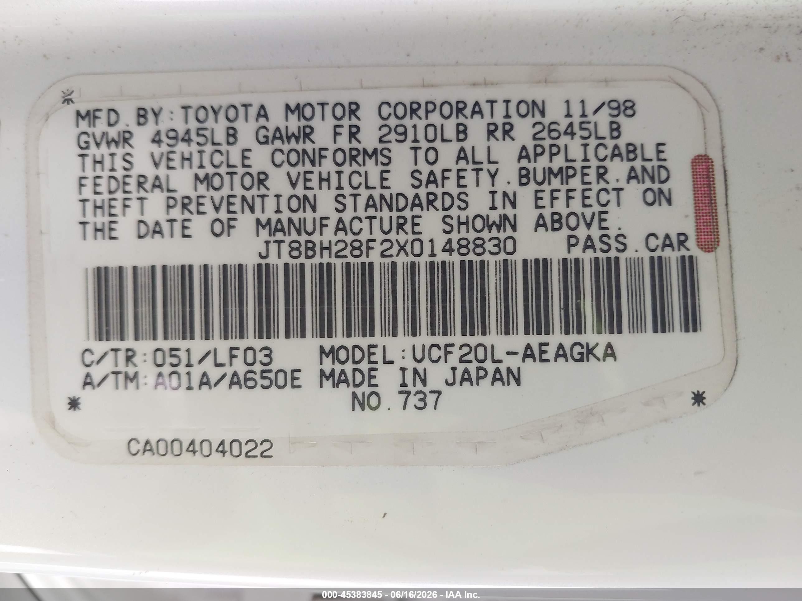 1999 Lexus Ls 400   White vin: JT8BH28F2X0148830