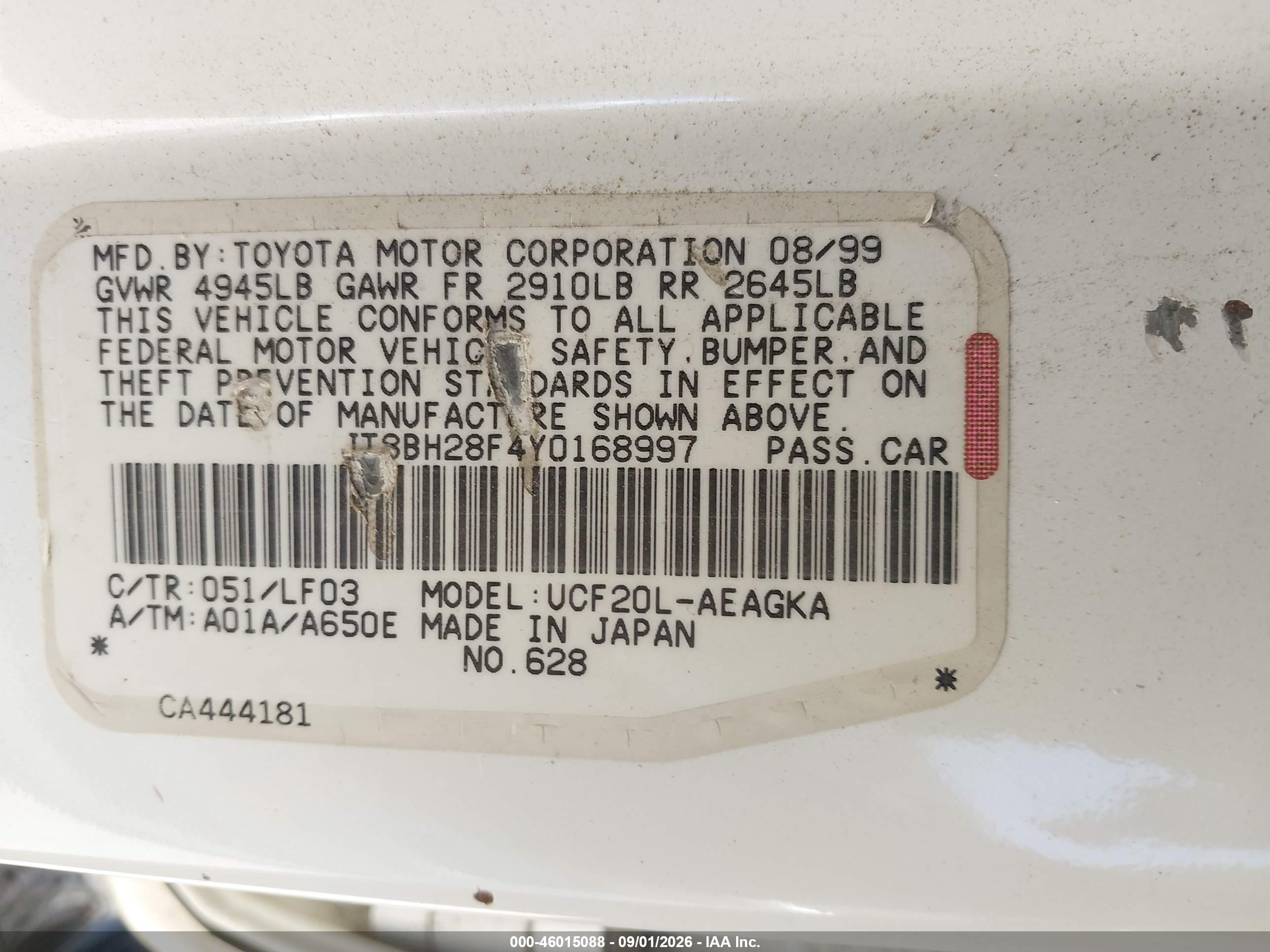 2000 Lexus Ls 400 White vin: JT8BH28F4Y0168997
