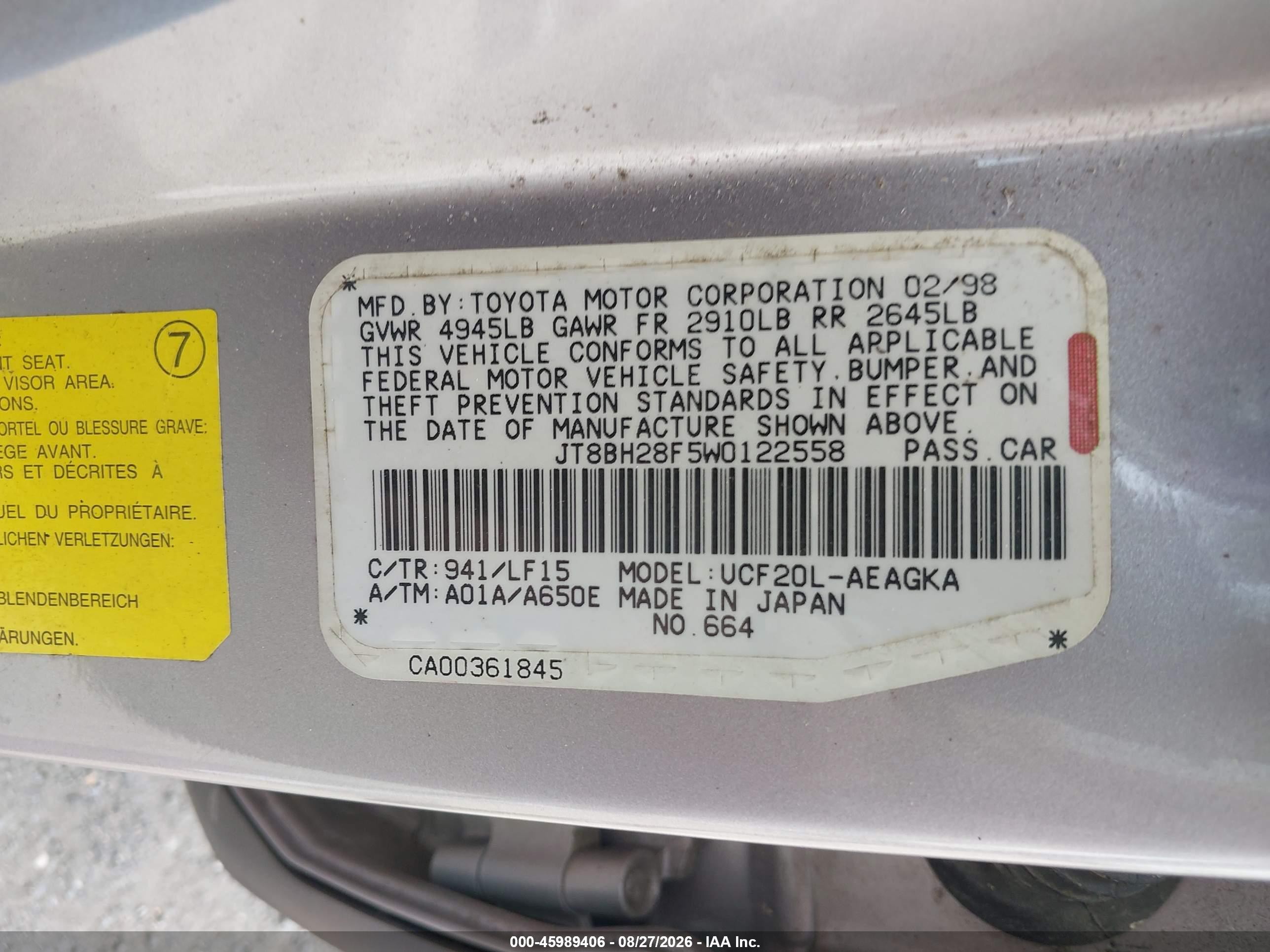 1998 Lexus Ls 400   Silver vin: JT8BH28F5W0122558