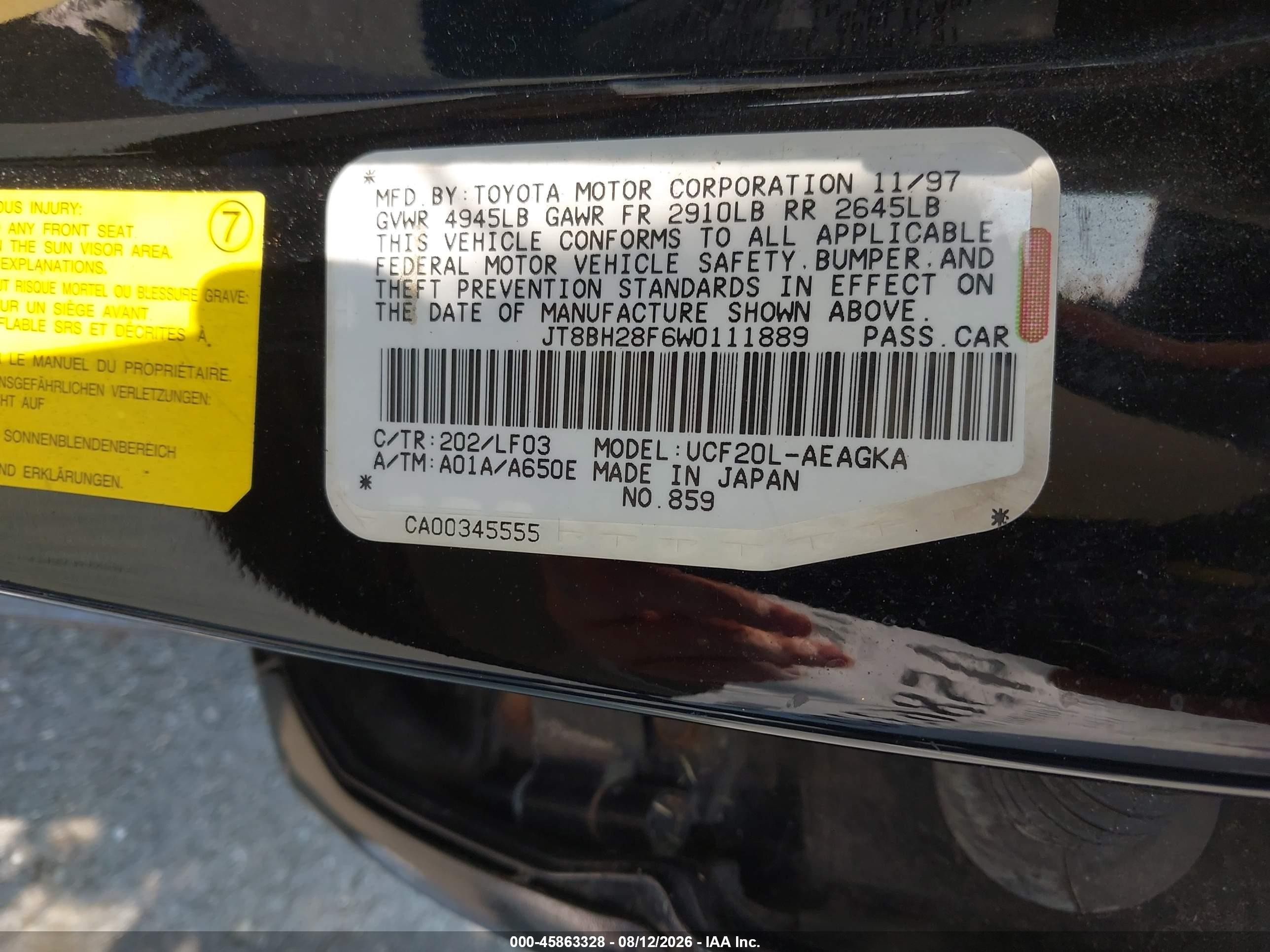 1998 Lexus Ls 400   Черный vin: JT8BH28F6W0111889