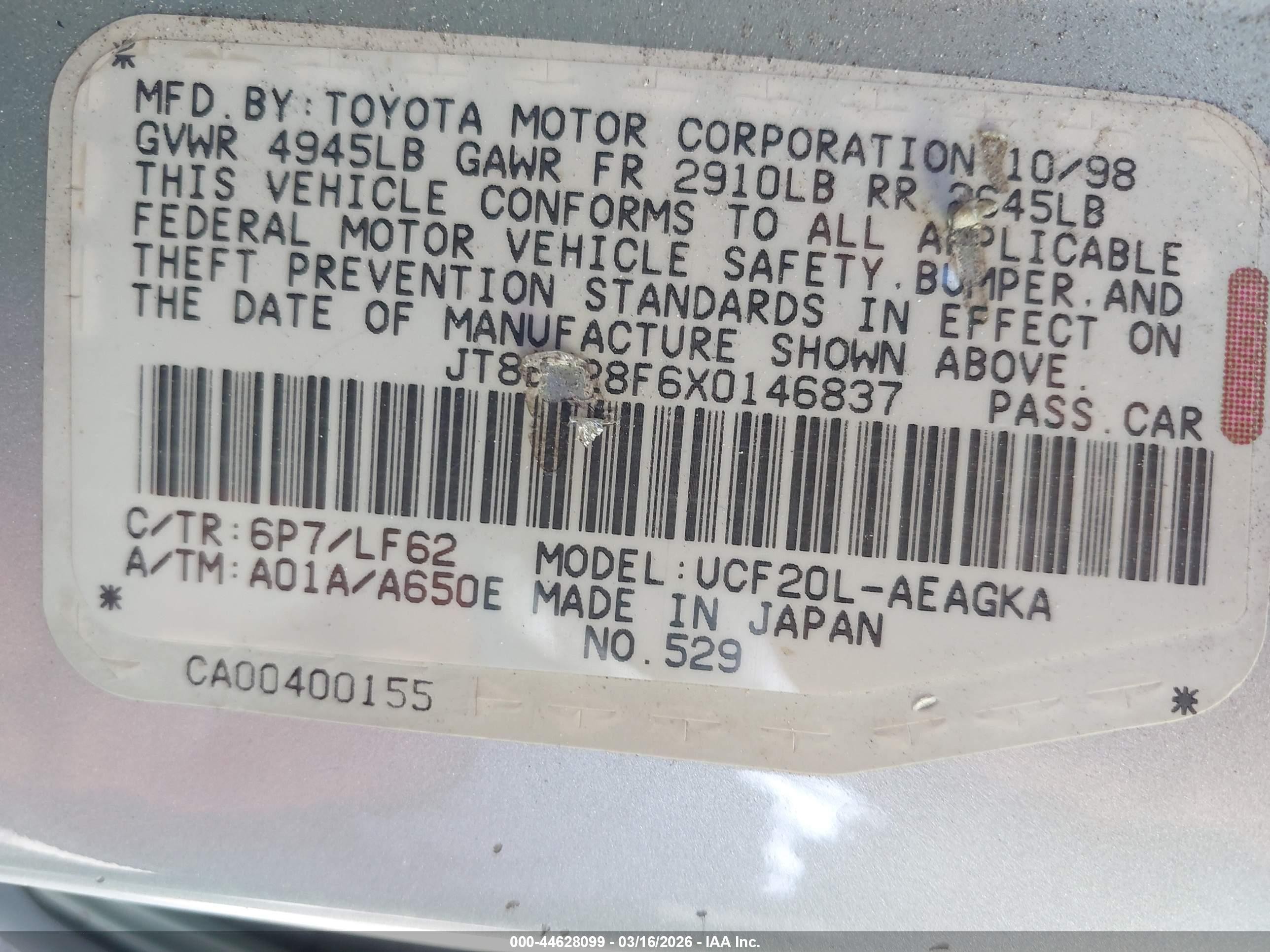 1999 Lexus Ls 400   Cream vin: JT8BH28F6X0146837