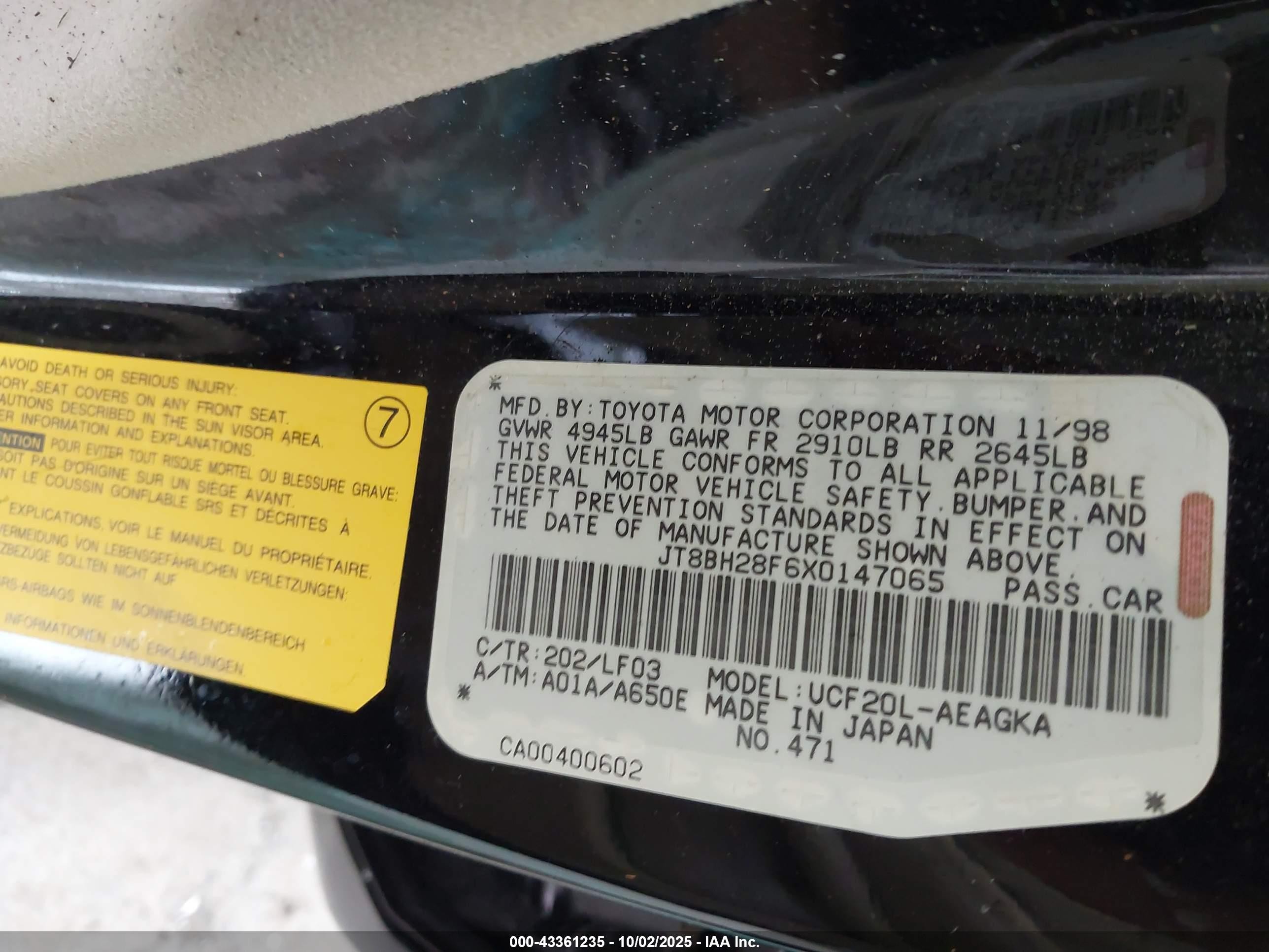 1999 Lexus Ls 400   Black vin: JT8BH28F6X0147065