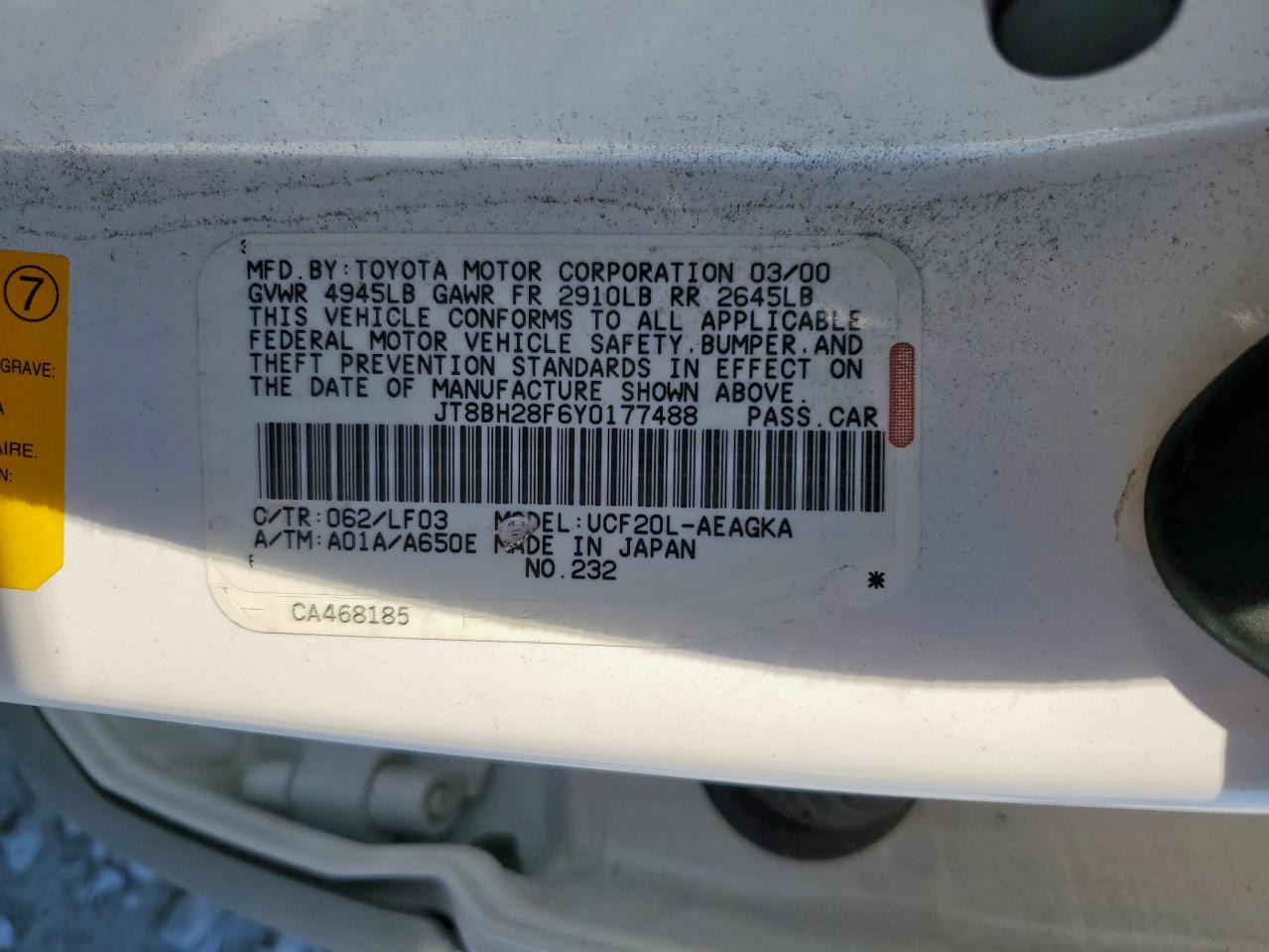 2000 Lexus Ls 400 White vin: JT8BH28F6Y0177488
