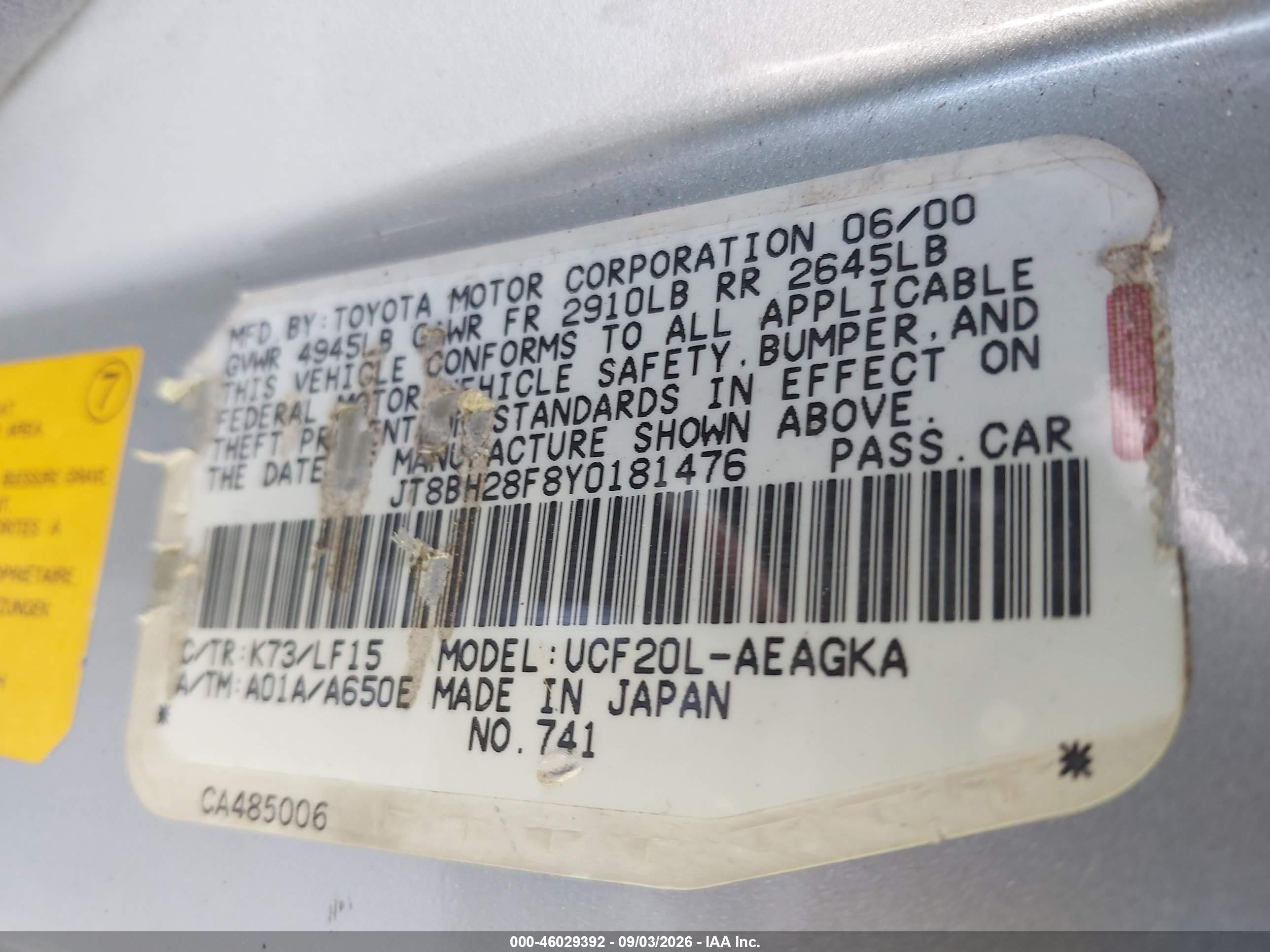2000 Lexus Ls 400   Silver vin: JT8BH28F8Y0181476