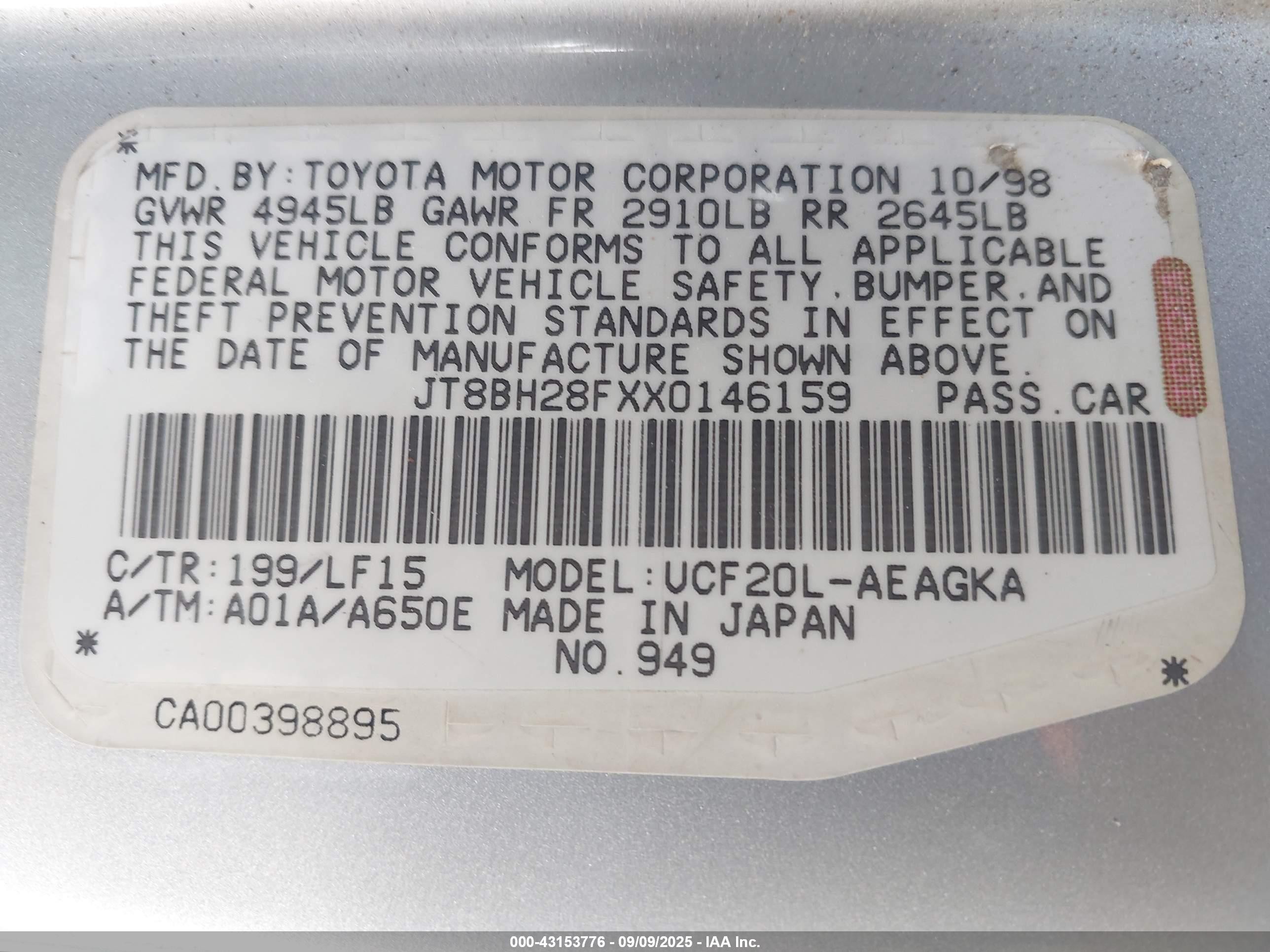 1999 Lexus Ls 400   Silver vin: JT8BH28FXX0146159