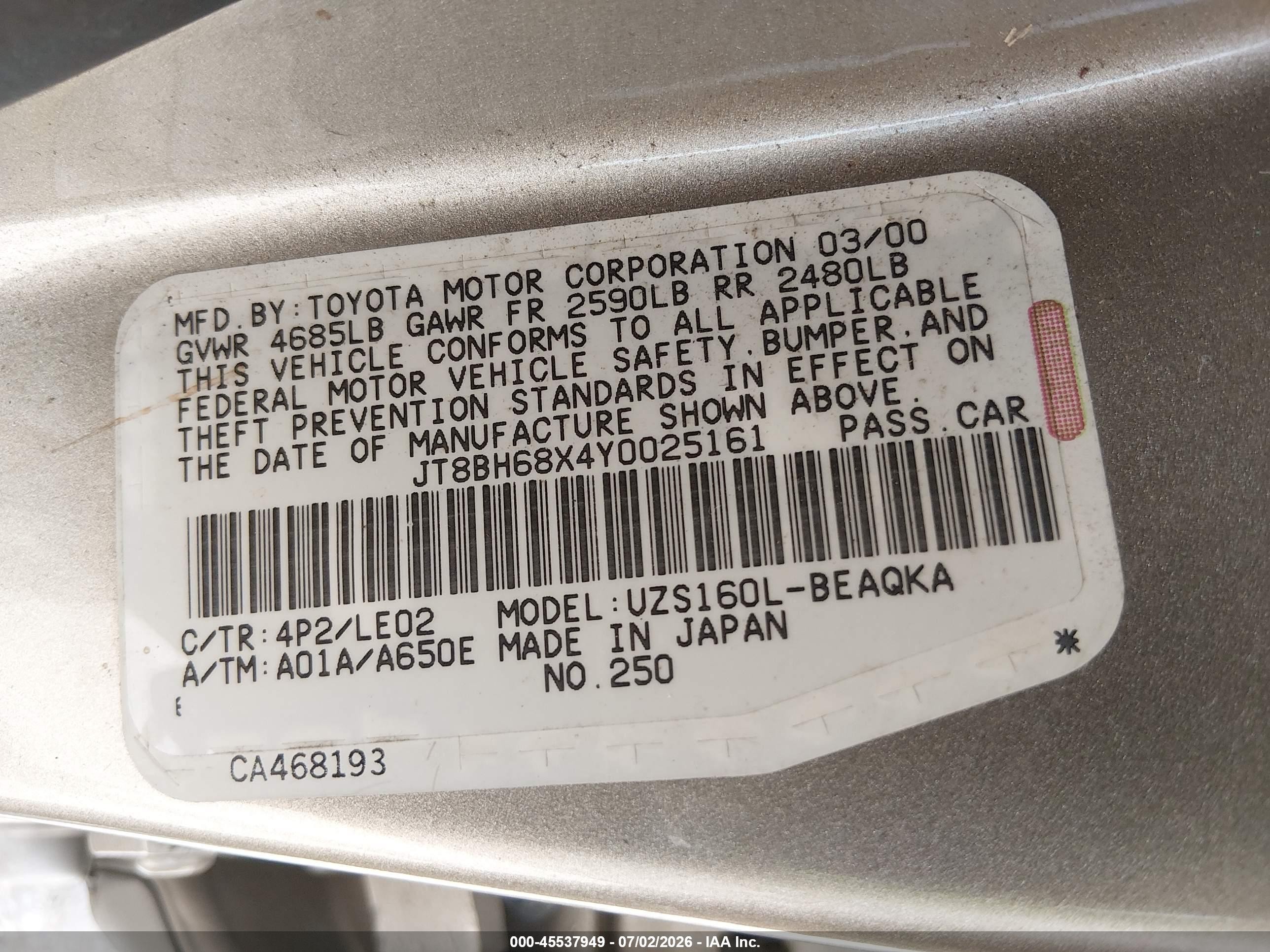 2000 Lexus Gs 400   Cream vin: JT8BH68X4Y0025161