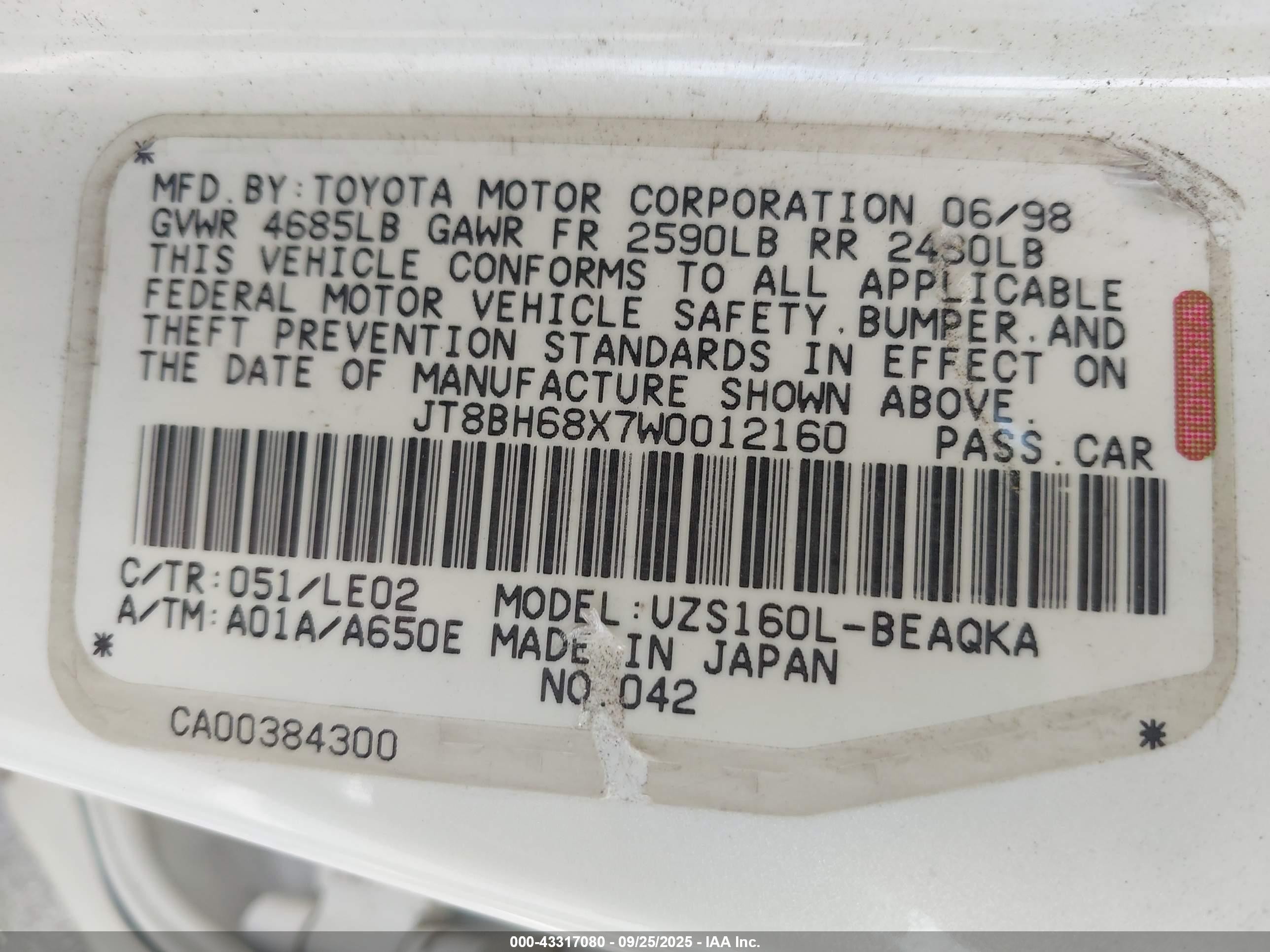 1998 Lexus Gs 400   White vin: JT8BH68X7W0012160