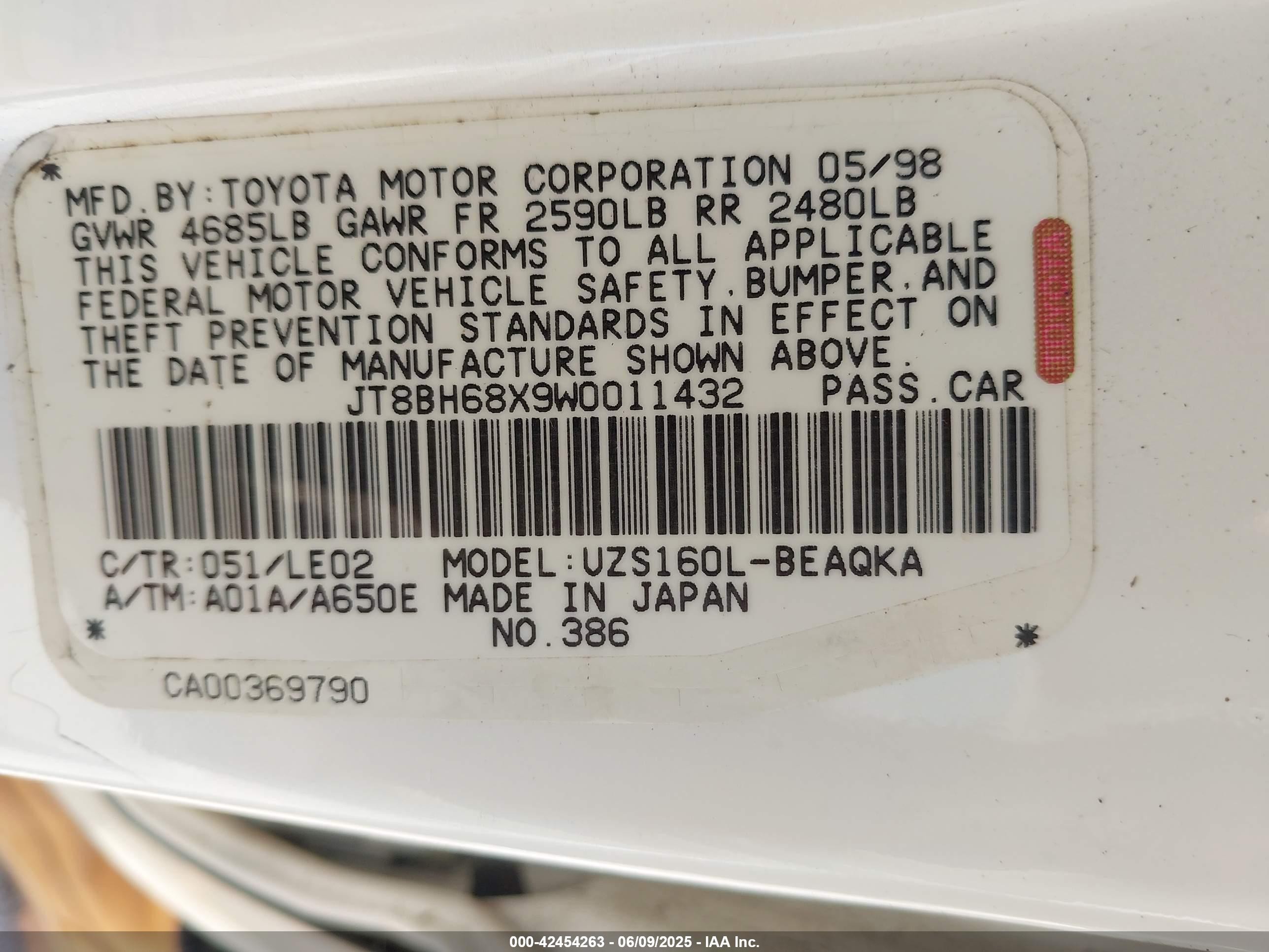 1998 Lexus Gs 400   White vin: JT8BH68X9W0011432