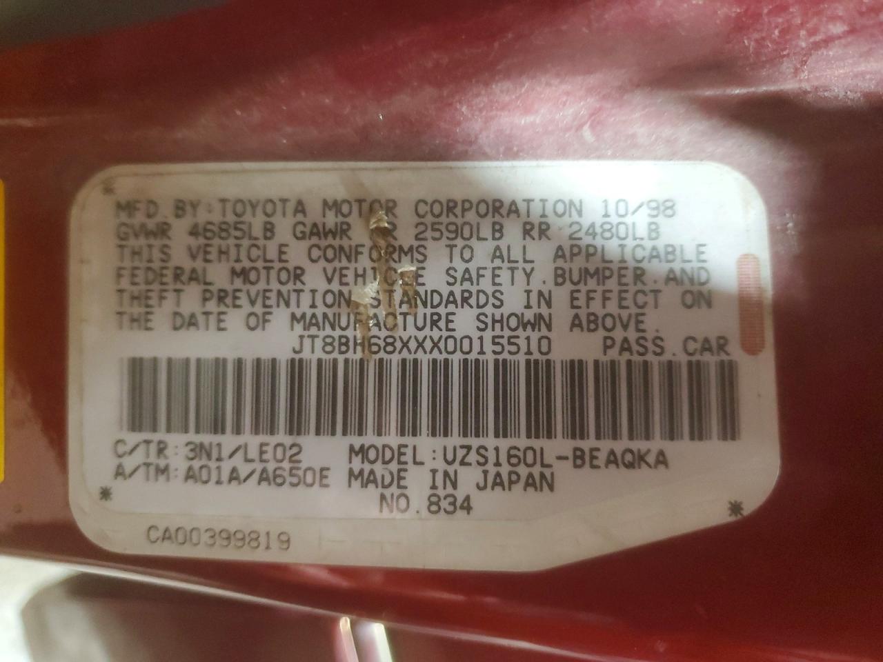 1999 Lexus Gs 400 Maroon vin: JT8BH68XXX0015510