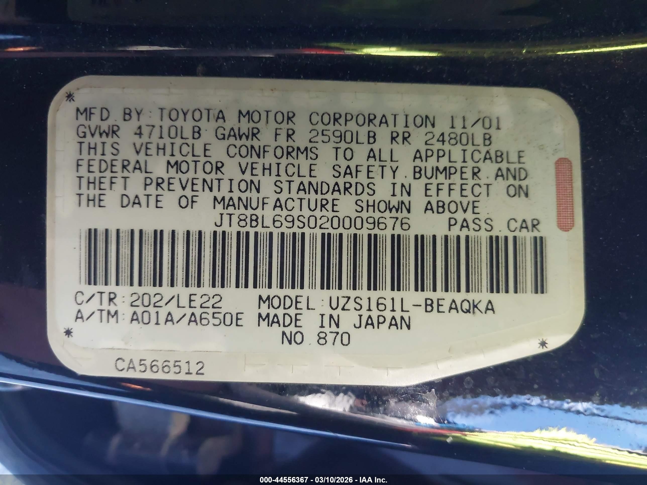 2002 Lexus Gs 430   Black vin: JT8BL69S020009676