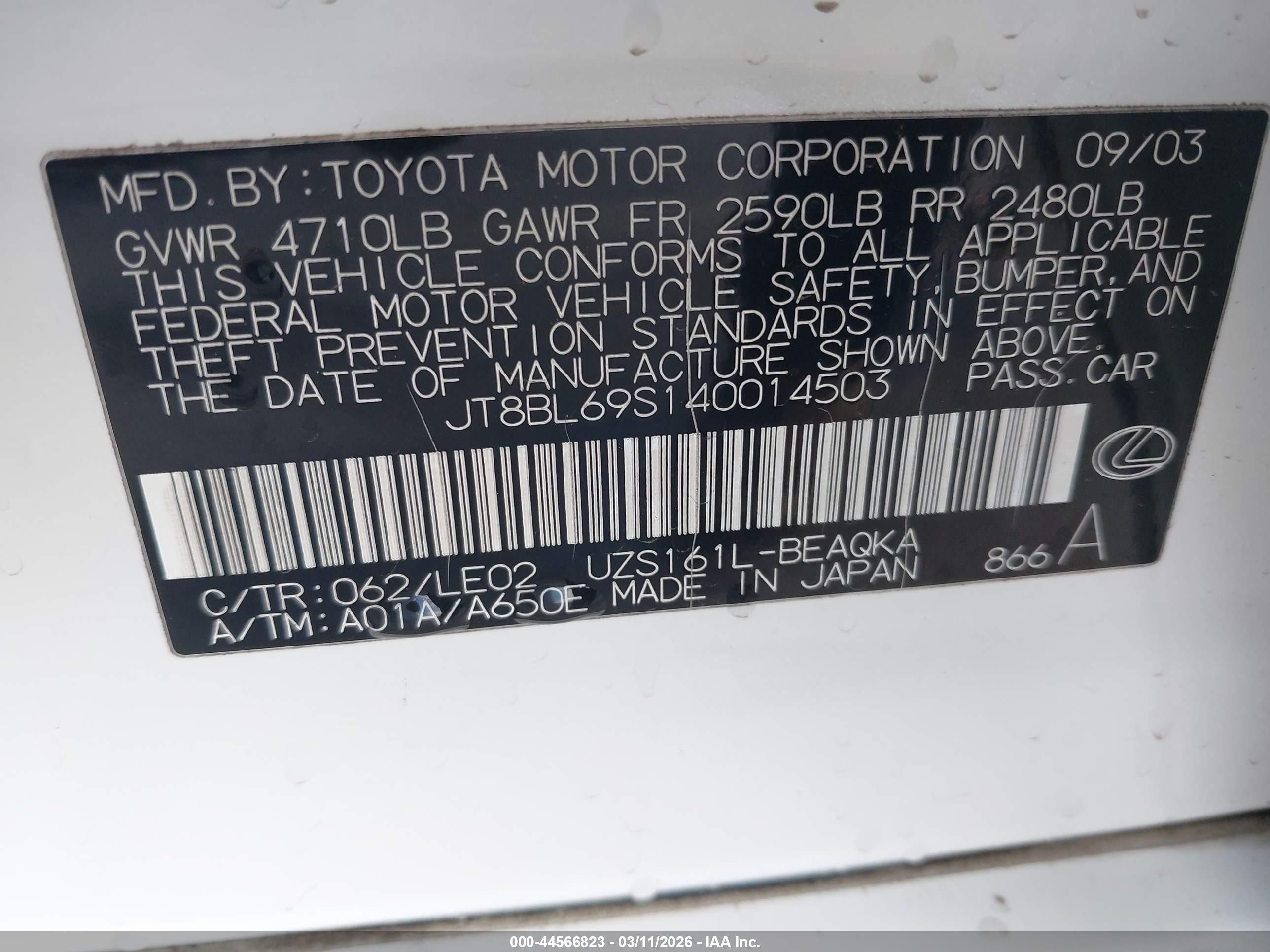 2004 Lexus Gs 430   White vin: JT8BL69S140014503