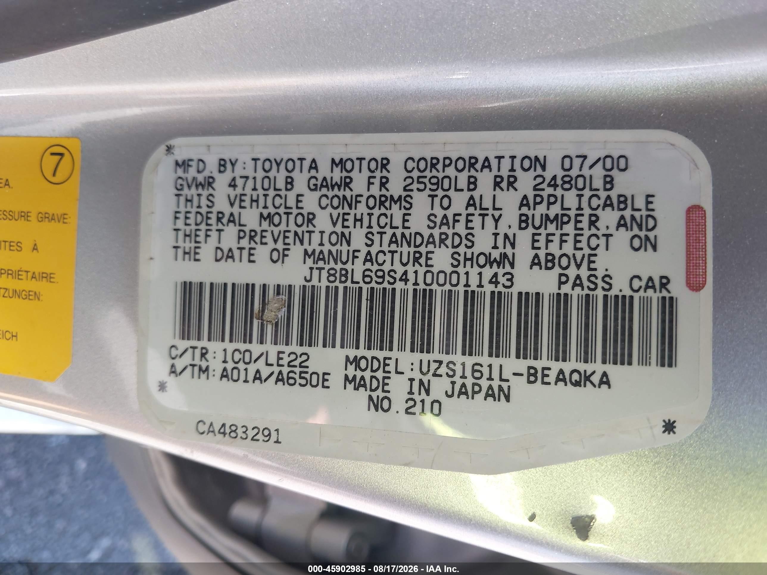 2001 Lexus Gs 430   Silver vin: JT8BL69S410001143