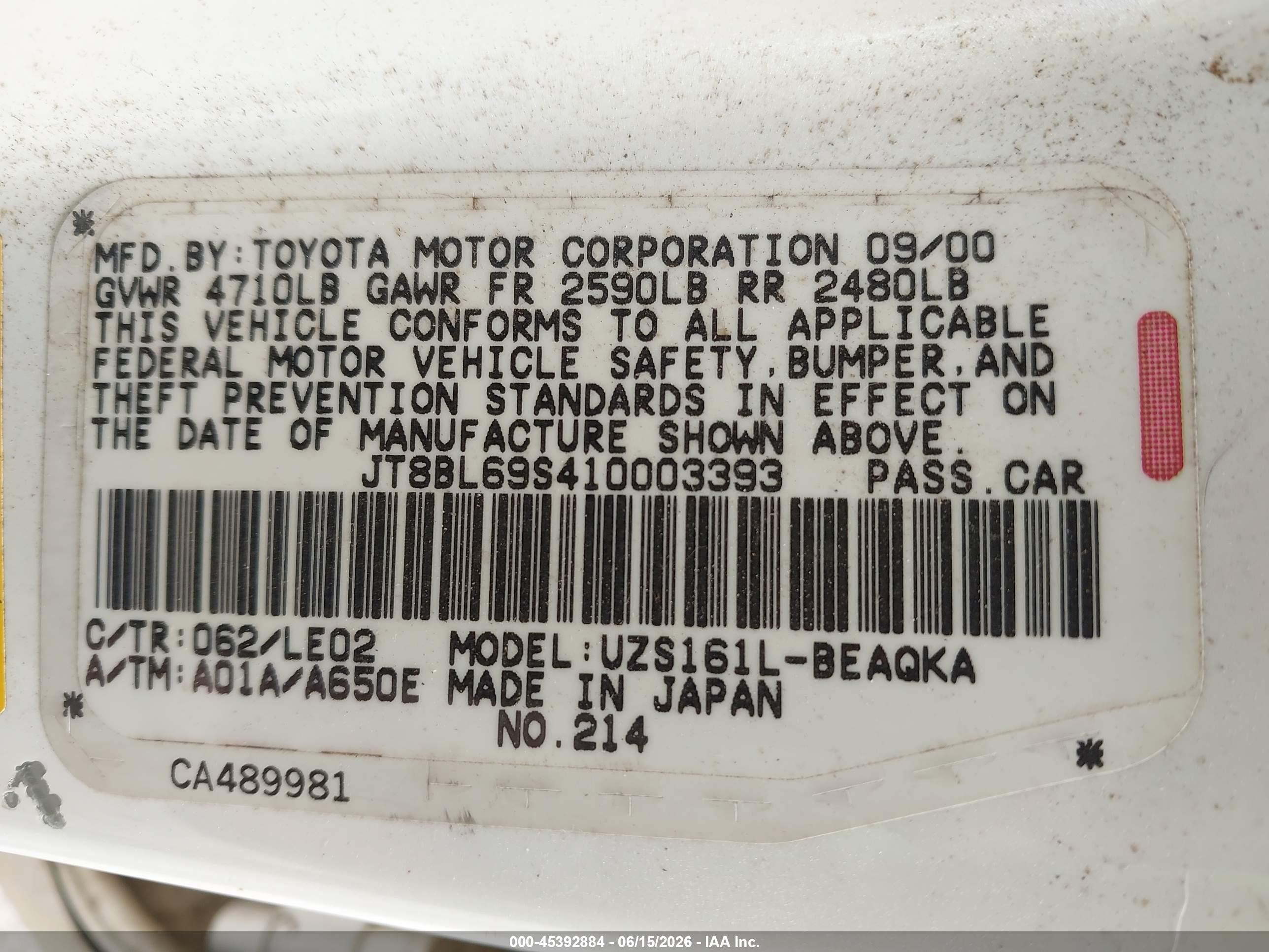 2001 Lexus Gs 430   White vin: JT8BL69S410003393