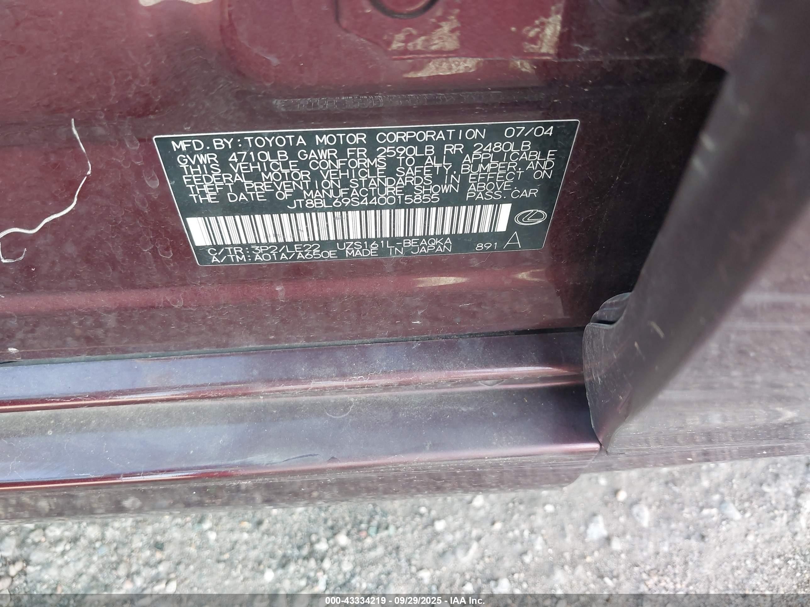 2004 Lexus Gs 430   Burgundy vin: JT8BL69S440015855