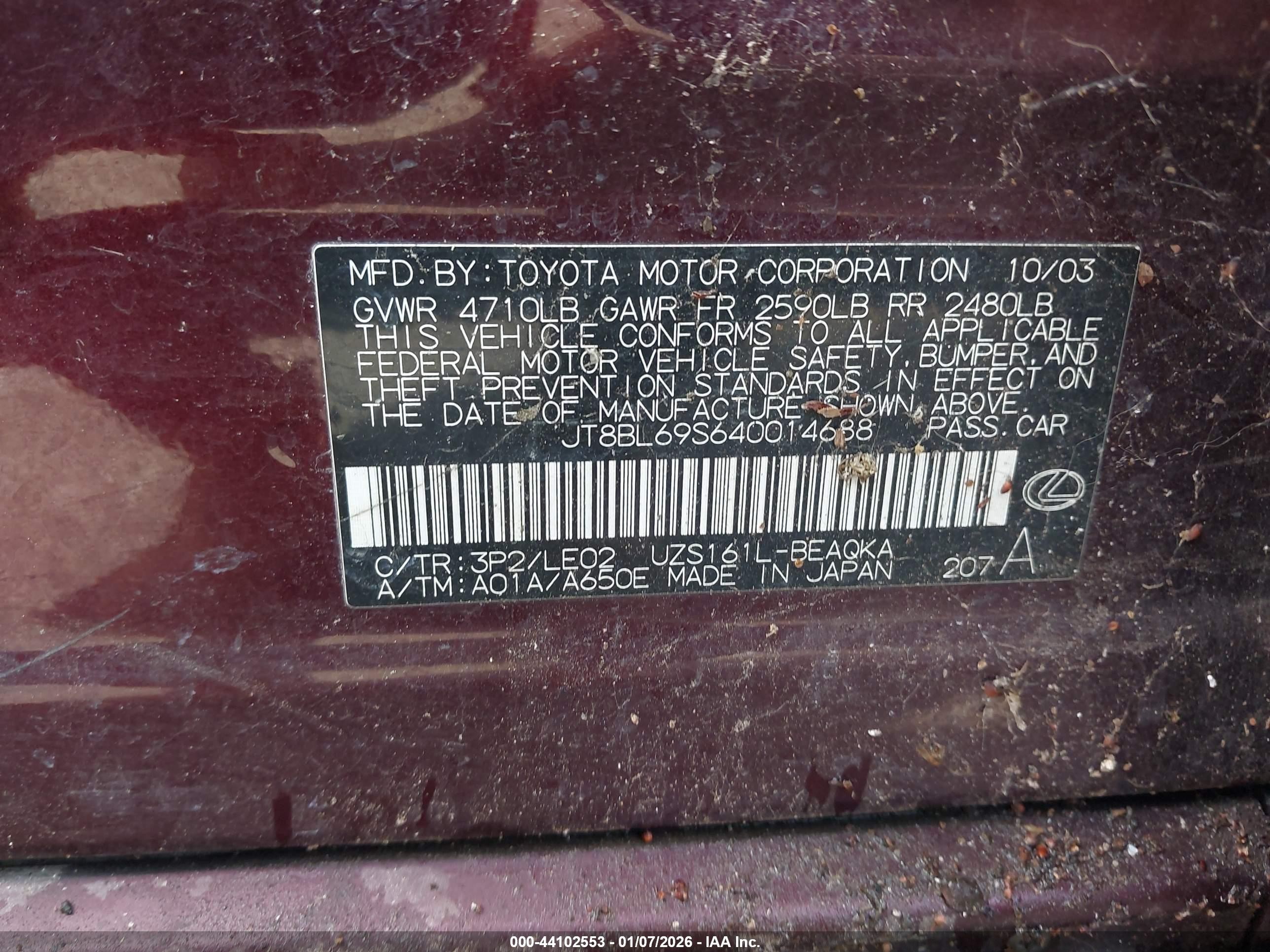 2004 Lexus Gs 430   Burgundy vin: JT8BL69S640014688