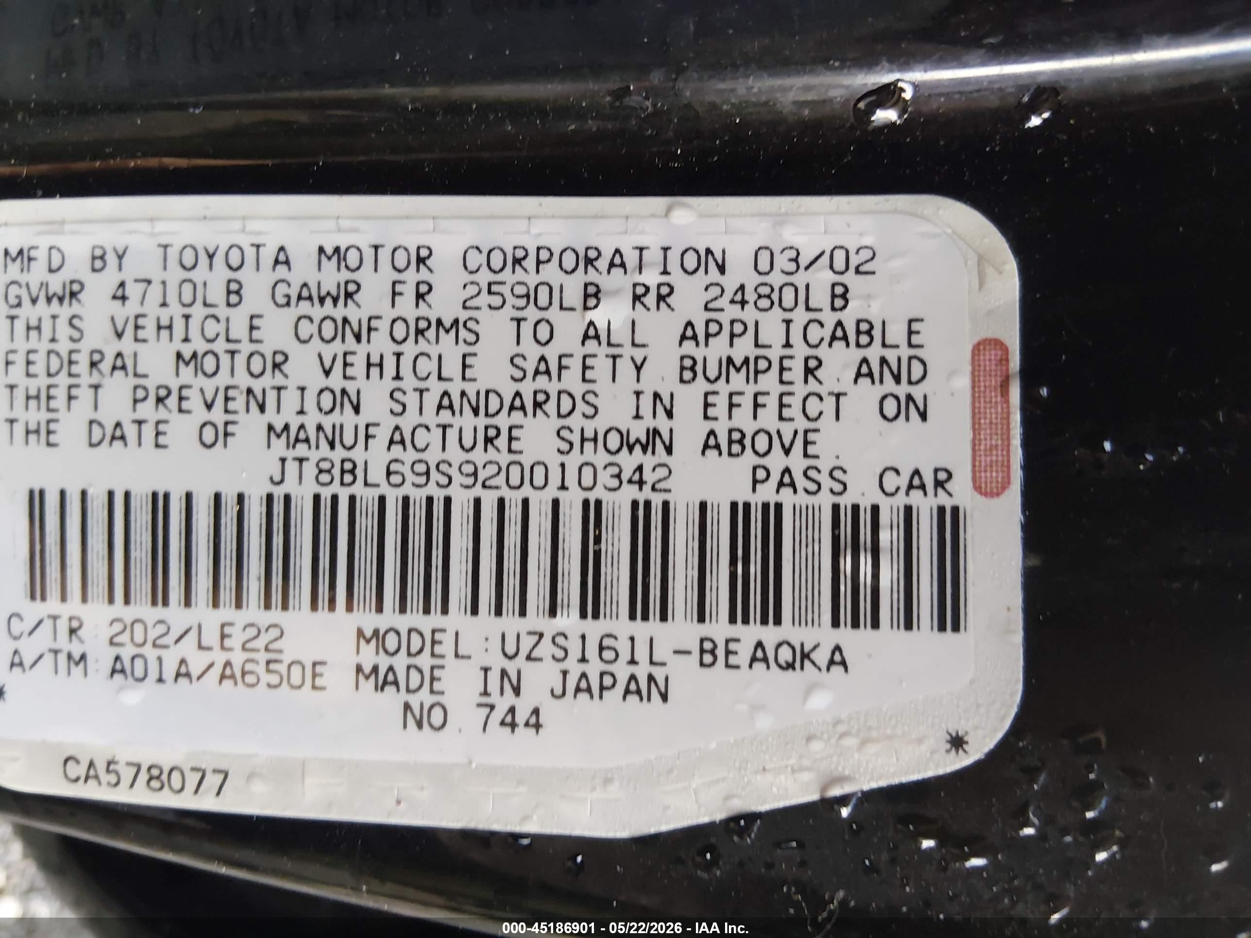 2002 Lexus Gs 430 Black vin: JT8BL69S920010342