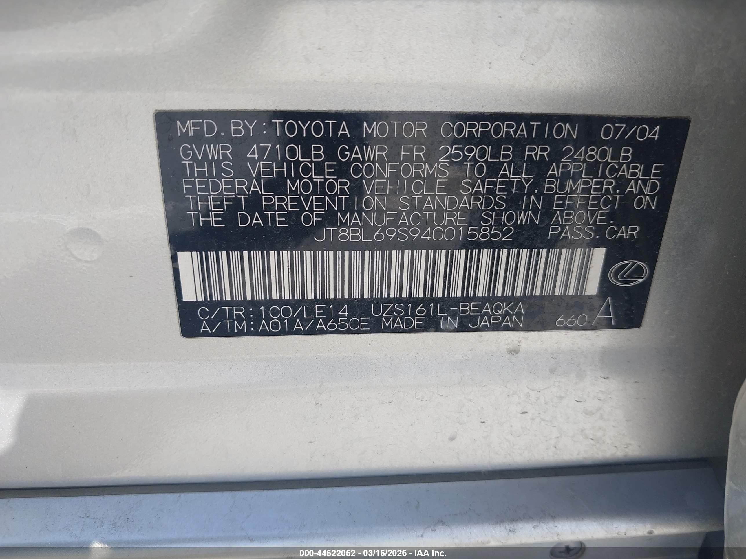 2004 Lexus Gs 430   Silver vin: JT8BL69S940015852