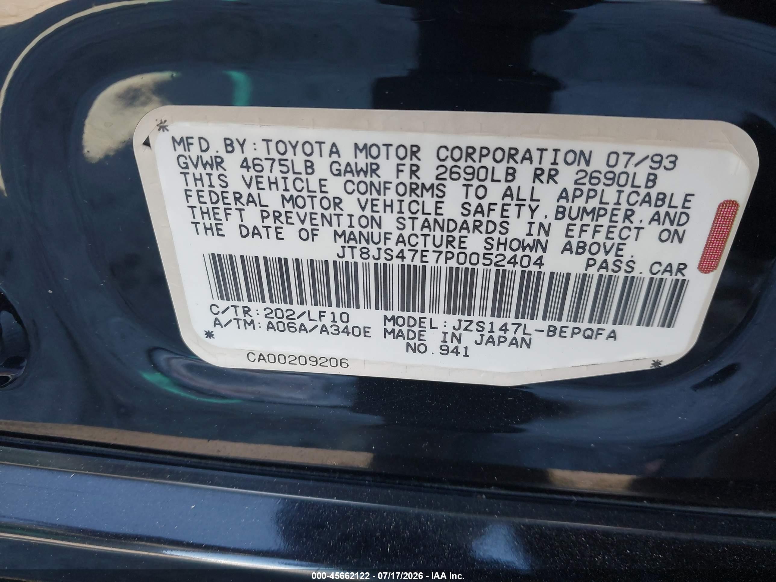 1993 Lexus Gs 300 Black vin: JT8JS47E7P0052404