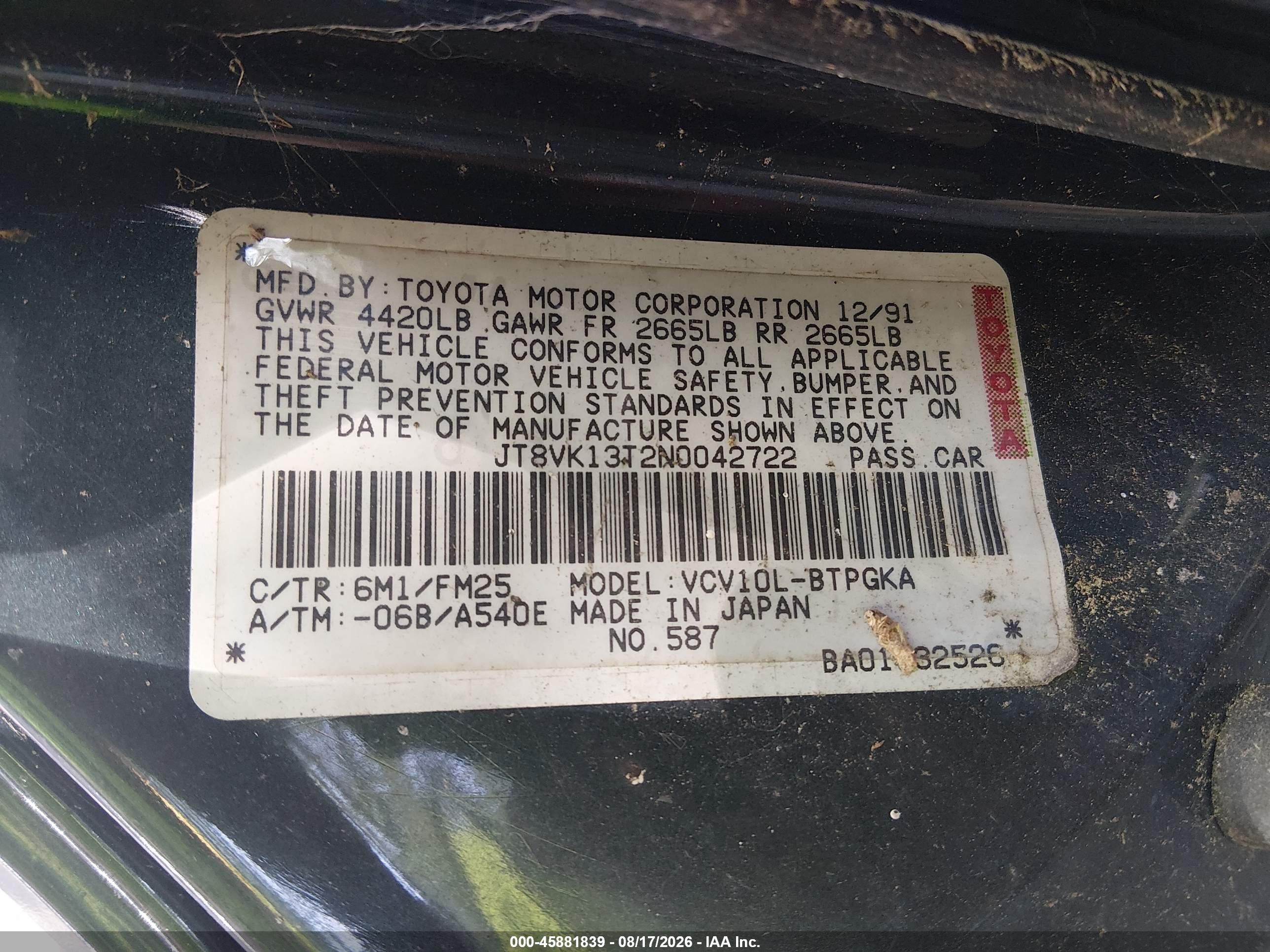 1992 Lexus Es 300 Green vin: JT8VK13T2N0042722